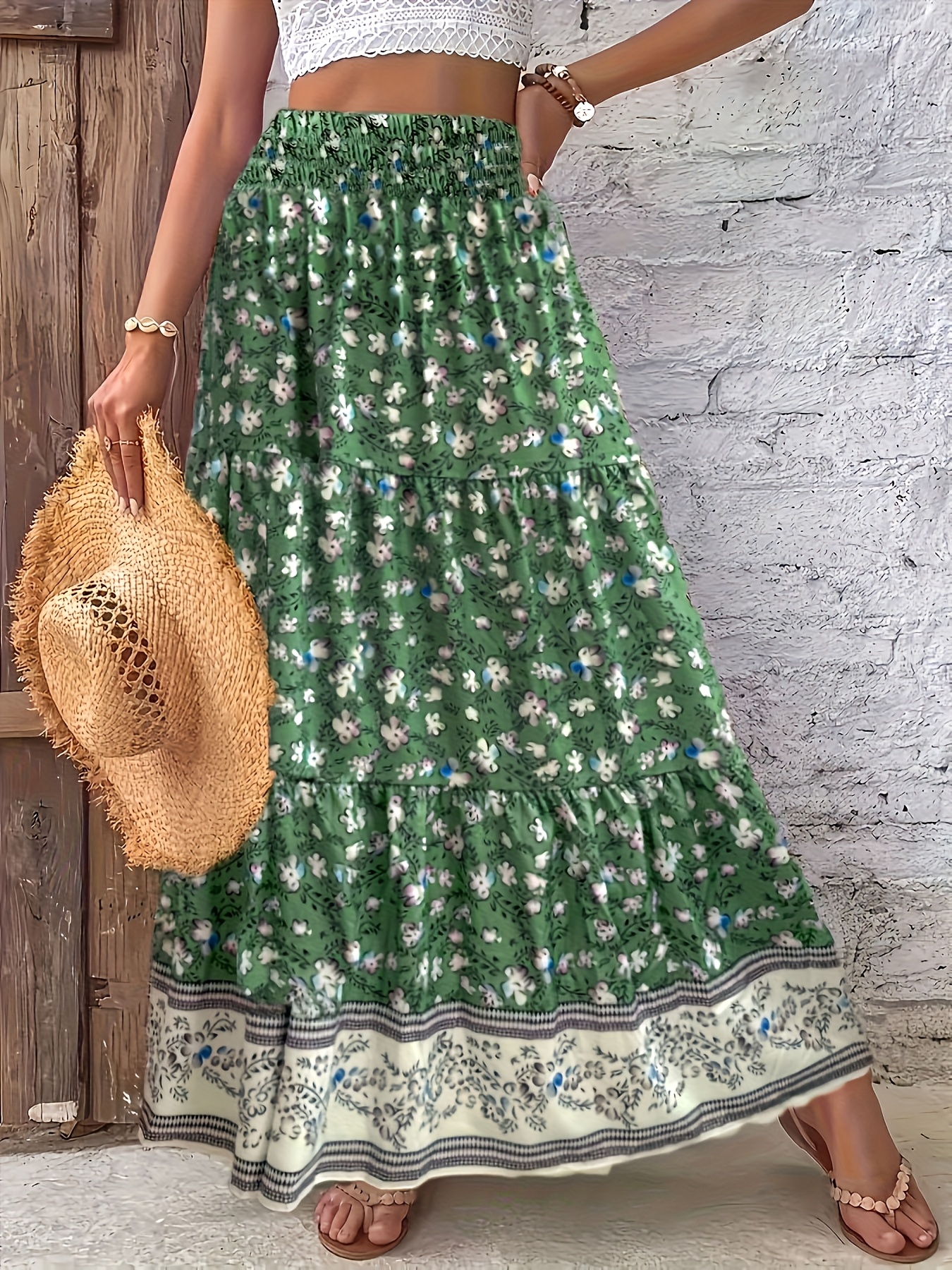 elegant floral print high-waist chiffon maxi skirt, polyester