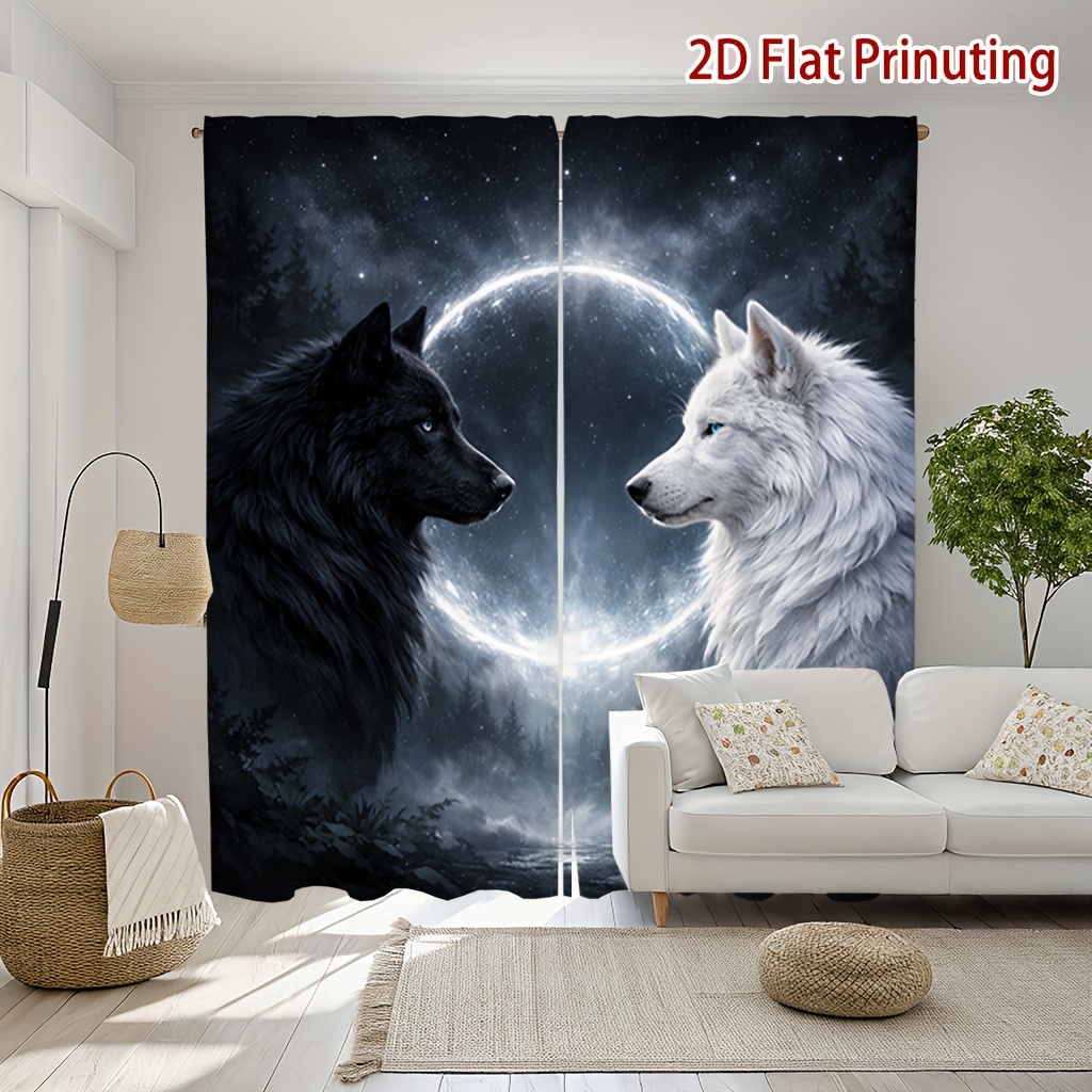 TEMU [ Product] 2pcs Night Pattern Print Curtains Soft Light, Privacy Protection, Pocket Rod Installation Curtains Suitable For Living Room, Kitchen,