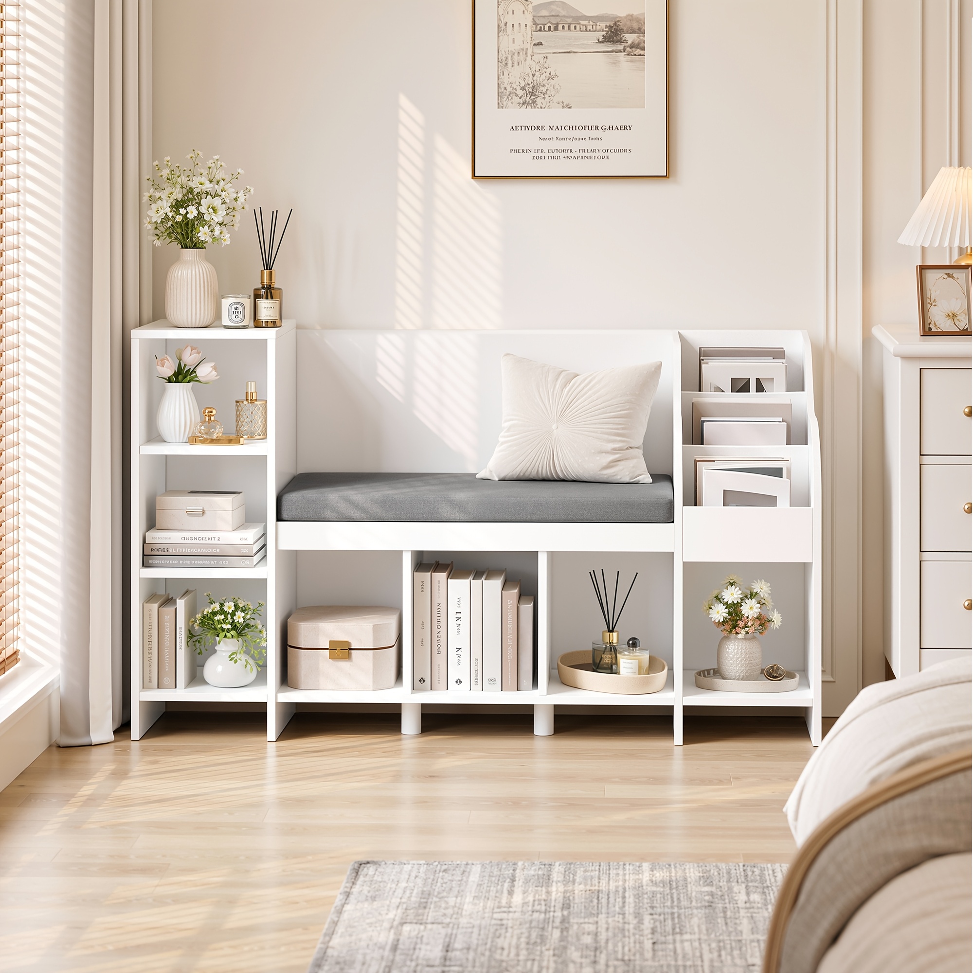 Image of Kealive Bookshelf With Storage Bench, Multi-functional Organizer Cabinet With 7 Compartments & Seat For Living Room, Bedroom, Hallway