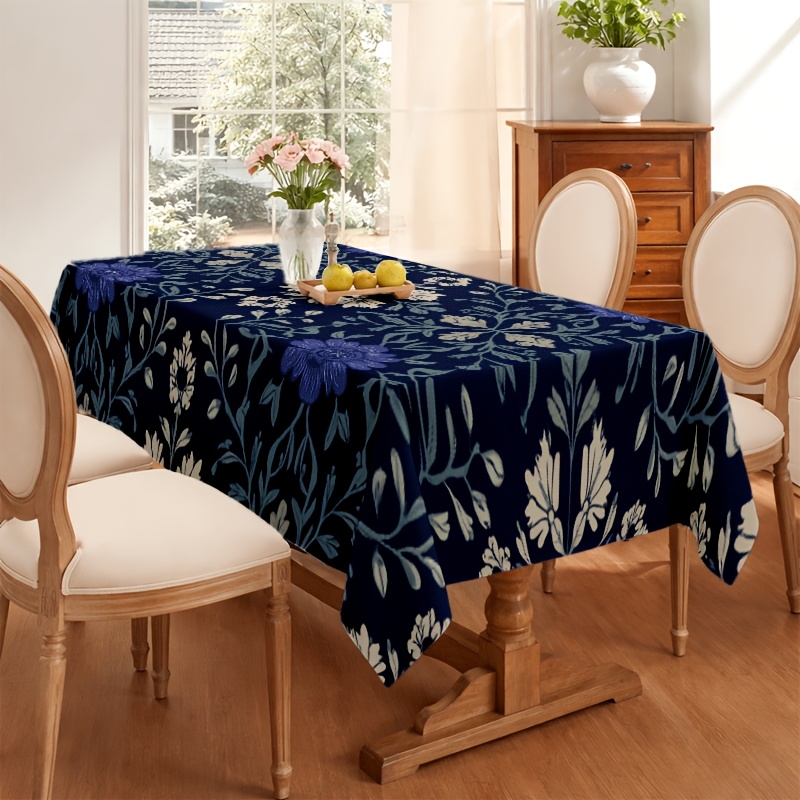 TEMU A Soft, Stylish, And Visually Appealing Tablecloth With A Background And White Floral Vines, Machine Washable And Easy To Clean, Lightweight And