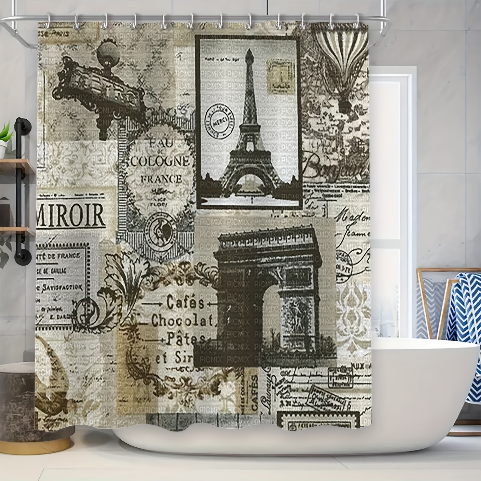 

Elegant Parisian Theme Shower Curtain Set With Toilet Seat Cover And Bath Mats - Waterproof, Machine Washable, And Perfect For A Stylish Bathroom