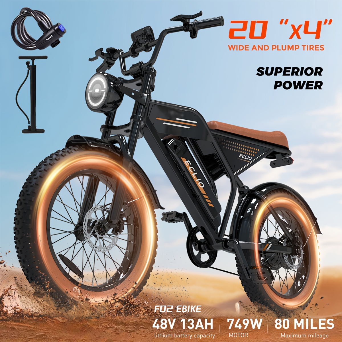 f02 80miles electric bike for adults 749w motor ebike moped style 48v removable battery 20 x4 tire bike with lcd display mountain e bike front headlight disc brakes   dual suspension     electric bike for men