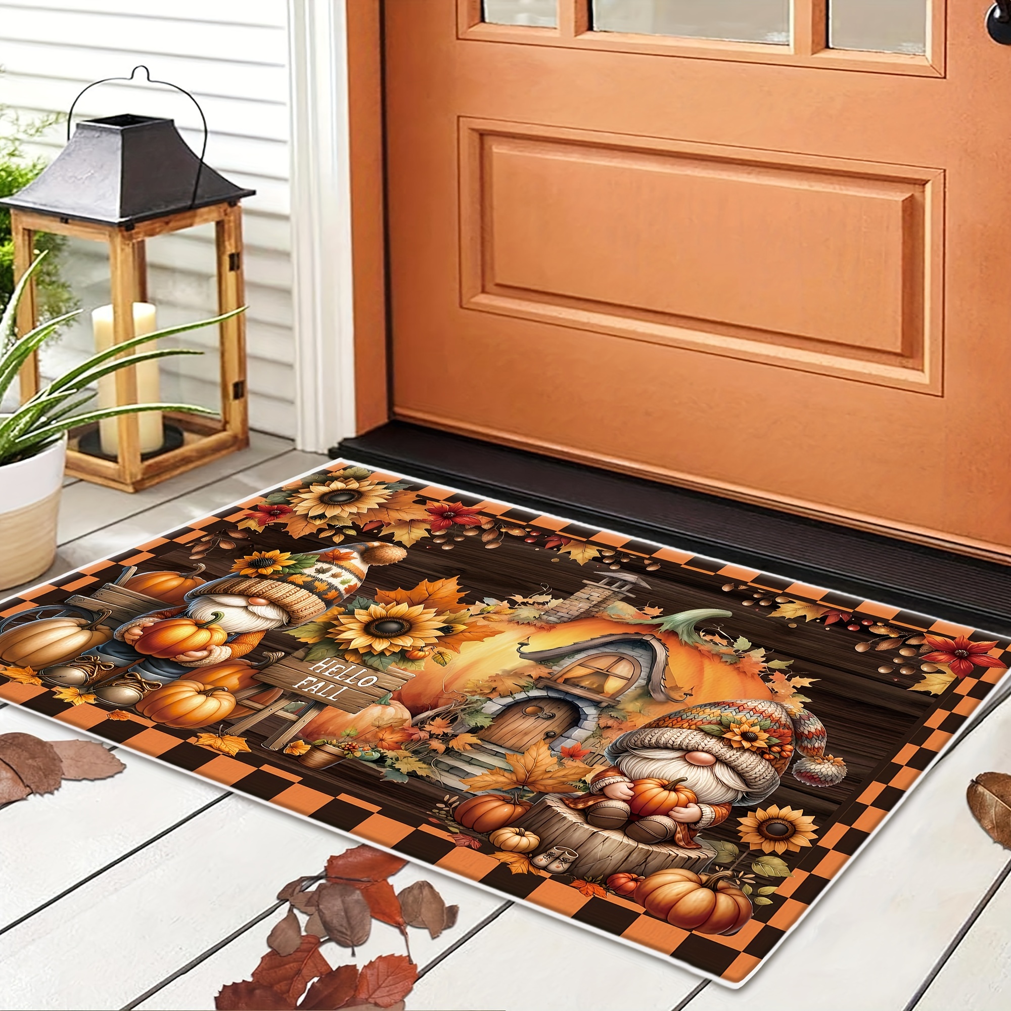 

Charming Farmhouse Gnome & Pumpkin Floor Mat - Non-slip, Easy Clean Crystal Velvet Rug With Maple Leaf & Sunflower Design For Kitchens, Bedrooms, And Living Spaces Greenery Home Decor