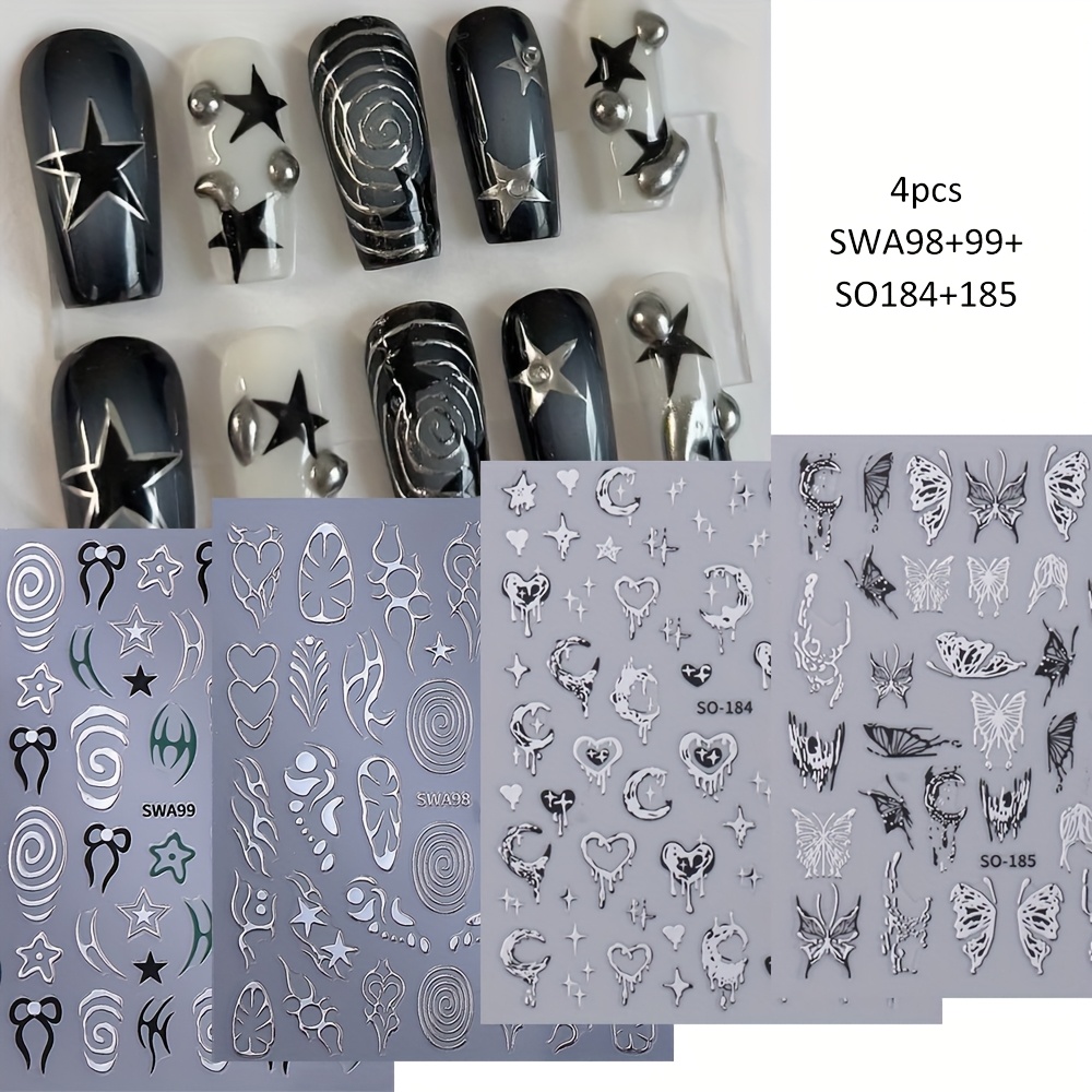 Image of 4 Sheet Y2k Metal Silvery 3d Nail Art Stickers Star Dark Punk Strips Geometric Nail Decals Adhesive Diy Nail Supplies Home Use