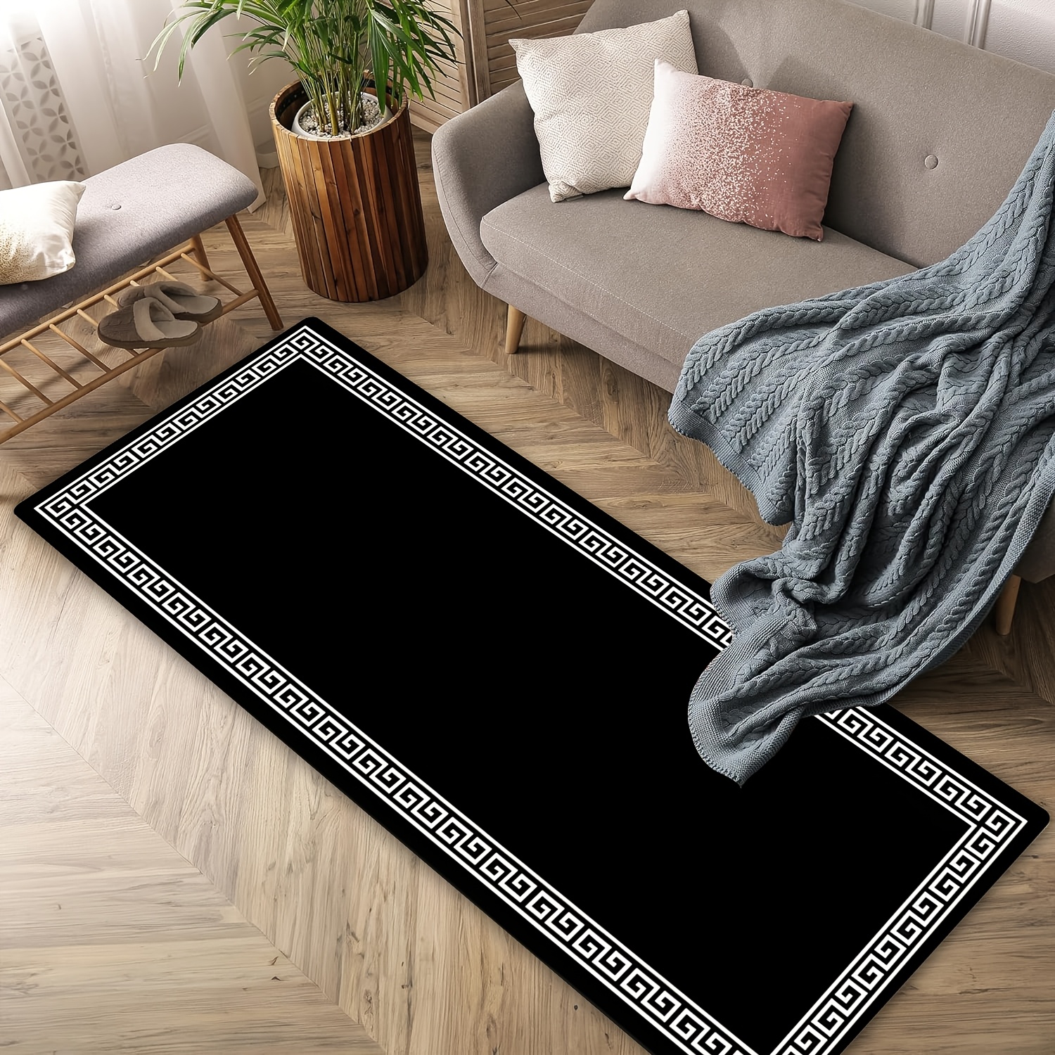 TEMU Moroccan-style Hallway Runner, Featuring A Black And White Geometric Border Pattern. Made Of Flannel With Non-slip Backing, -washable Carpet Is
