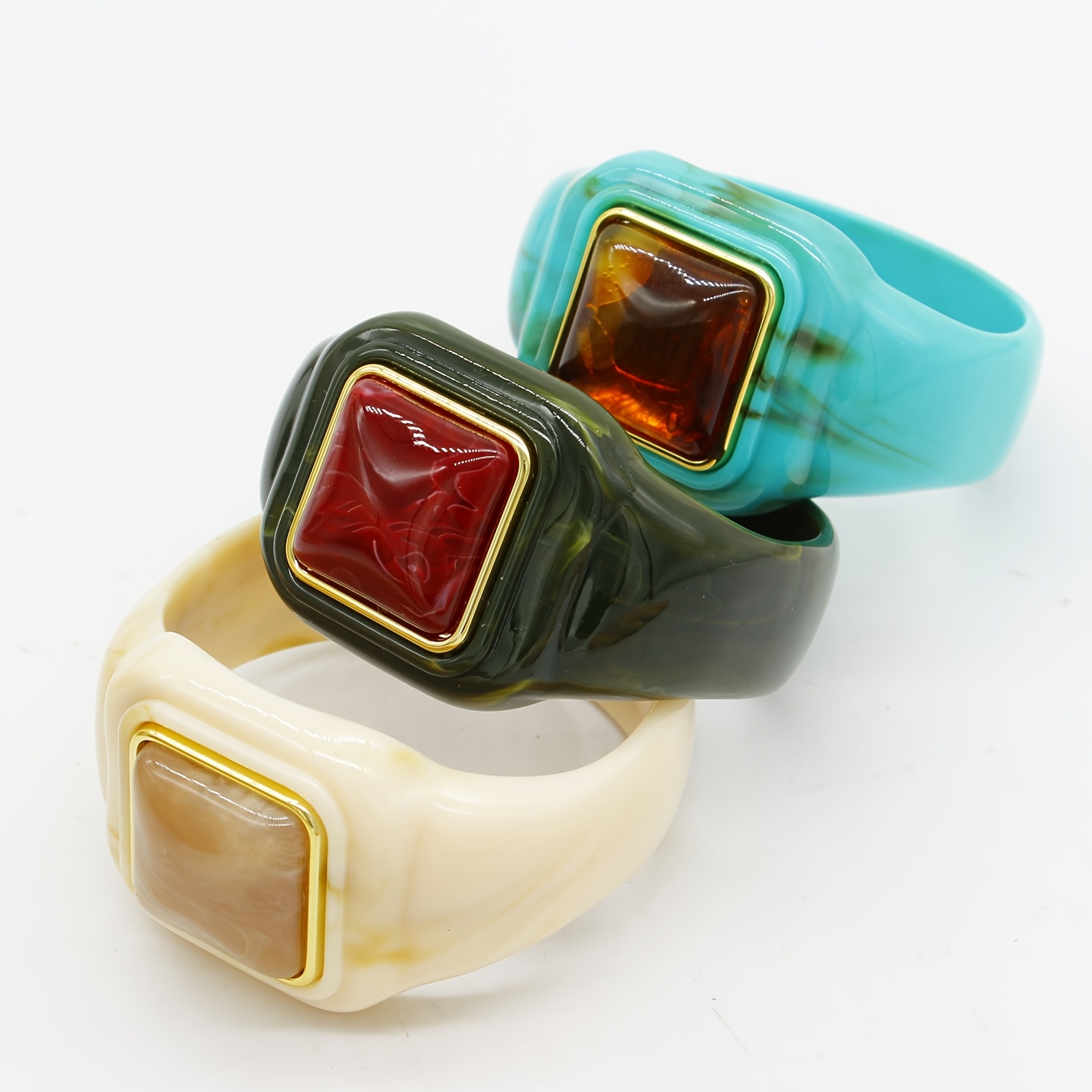 Women's Retro Square Resin Wide Bangle, Imitation Marble Design