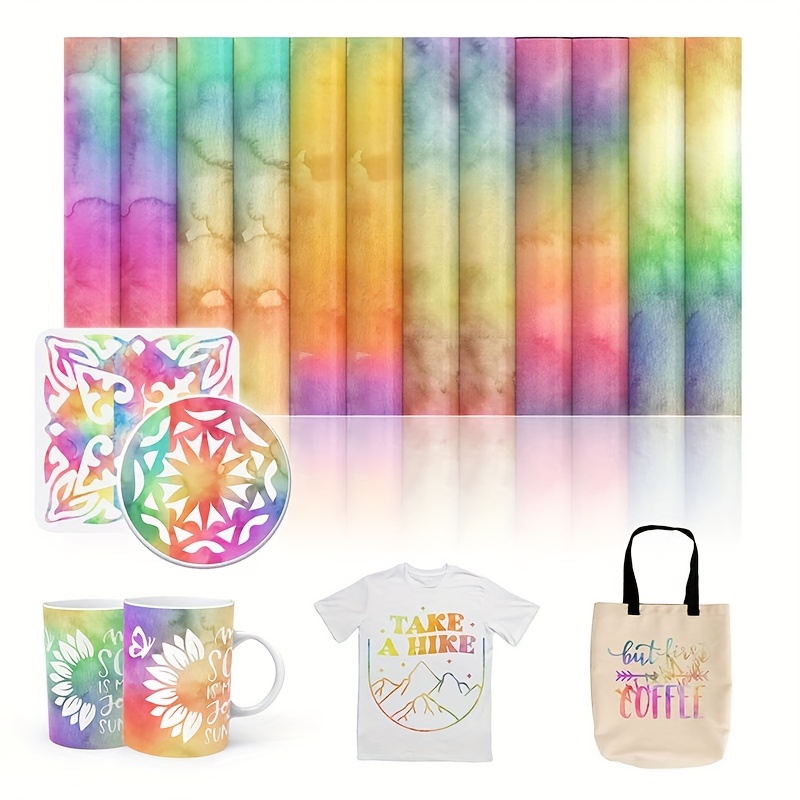 

12-piece Rainbow Heat Transfer Ink Sheets For Diy T-shirts, Mugs & Bags - 4.5"x12" Or 12"x12" - Matte Finish, Self-adhesive, Embellished Designs