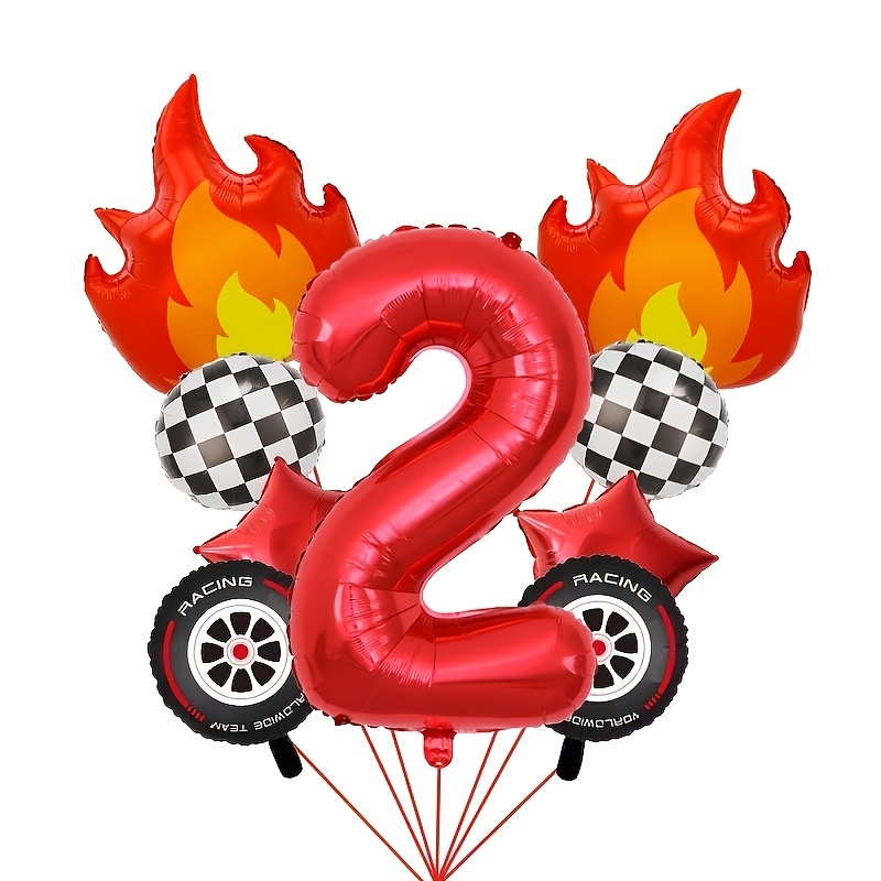 TEMU Photography Props: A Set Of 10 Red Foil Balloons, Size 2, Featuring Flame And Wheel Designs With Black And White Grid And Patterns, Including