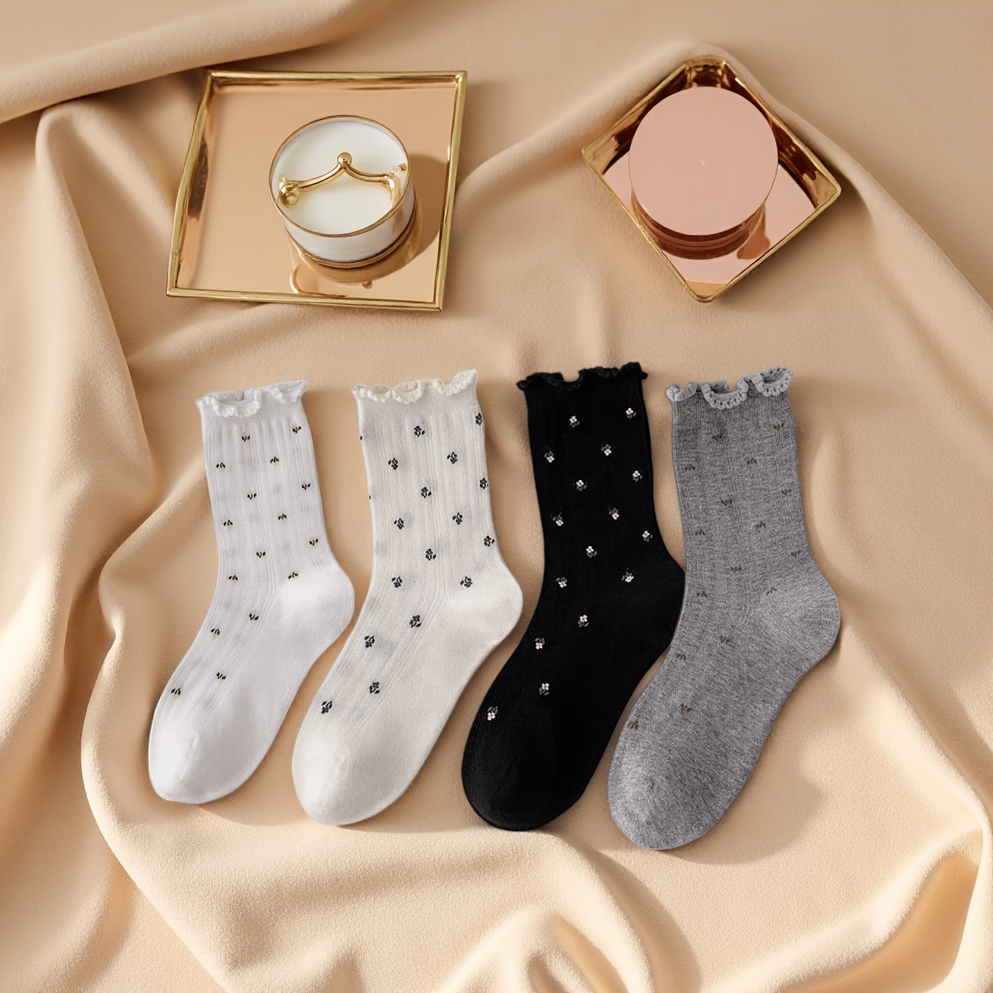 TEMU 4 Pairs Of And Summer Women's Mid-calf Socks With Small Floral Patterns, Wear, Outdoor, And Featuring Seamless Mesh Design In A Japanese Floral