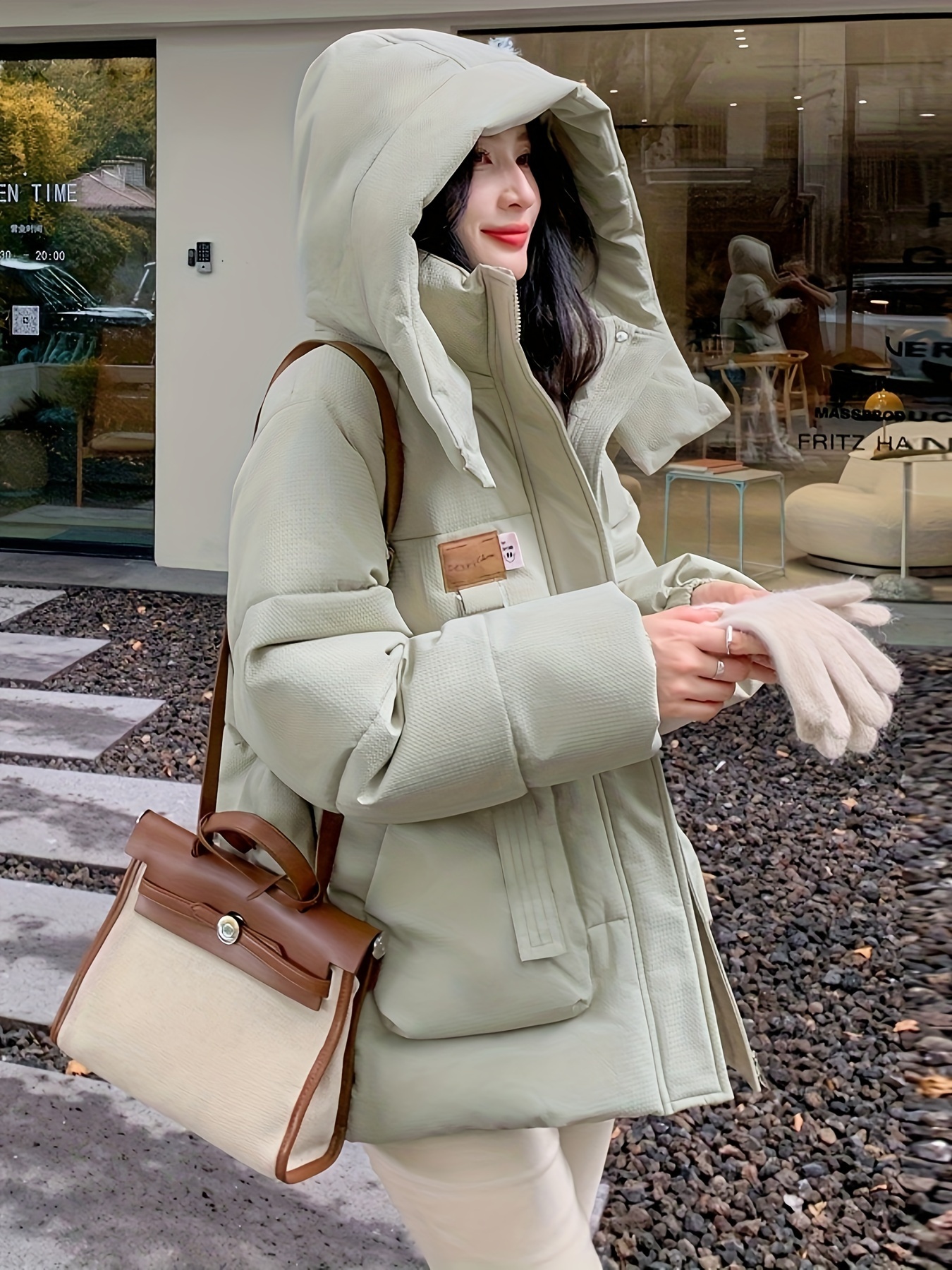 womens winter coat thickened beige jacket hood loose fit Temu