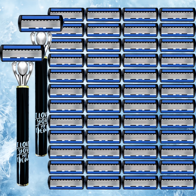 Image of Men&; Steel 6-layer Blade Manual Safety Razor, 1 Set Includes 2 Handles And 48 Replacement , With 2 Lubrication Strips For Skin Care, Enjoy A Smooth Shaving Experience