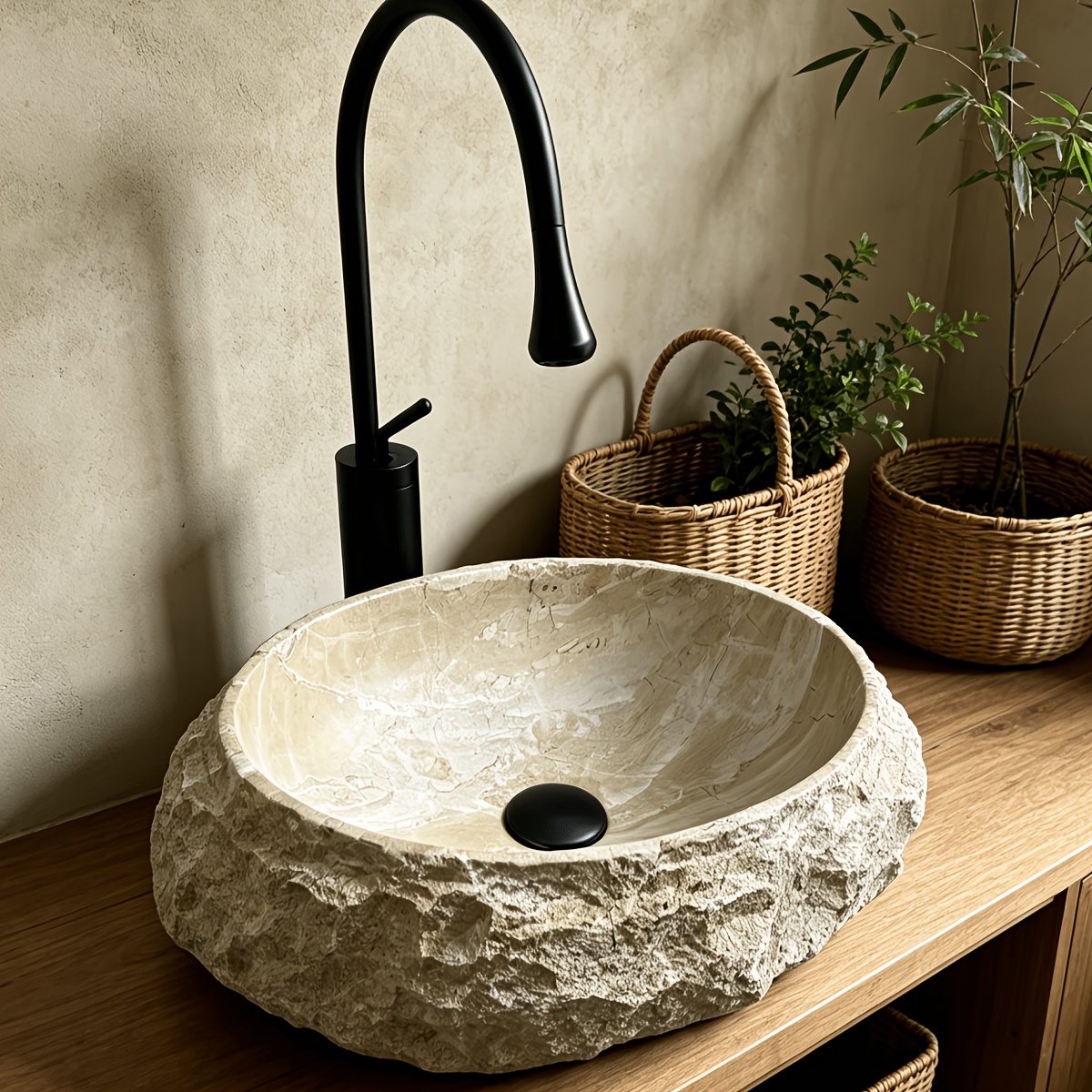 1pc Unique Stone-Shaped Artificial Stone Bathroom Sink, Washbasin, Deep Anti-Splash Artistic Basin, Decorative Basin, Large Single Basin, with Drain And Anti-Odor Drain Pipe, Suitable for Various Decoration Styles of Bathrooms