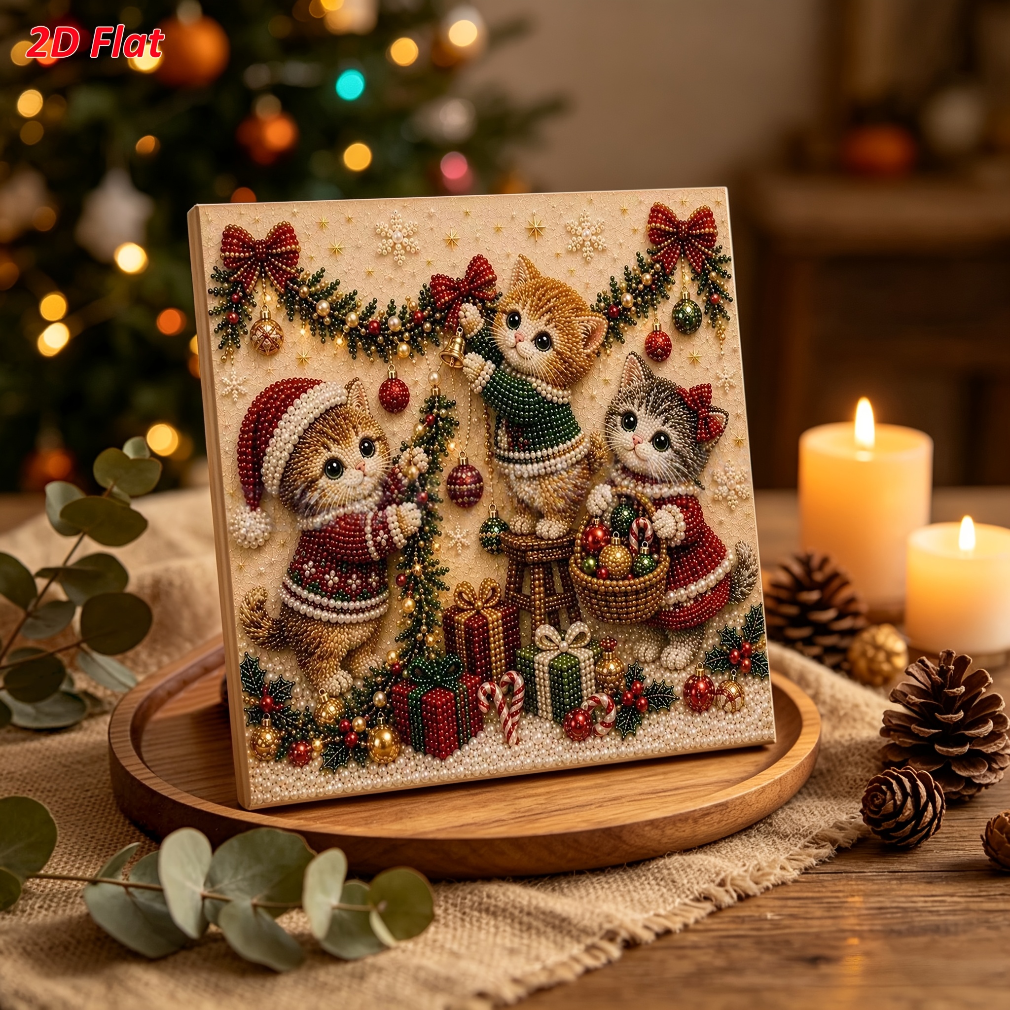 TEMU 2d Flat Diy Frameless Pearl Diamond Painting Kit, Christmas Cat Theme, , Pre-printed Canvas, Easy Stress-relief Craft For Beginners, Festive
