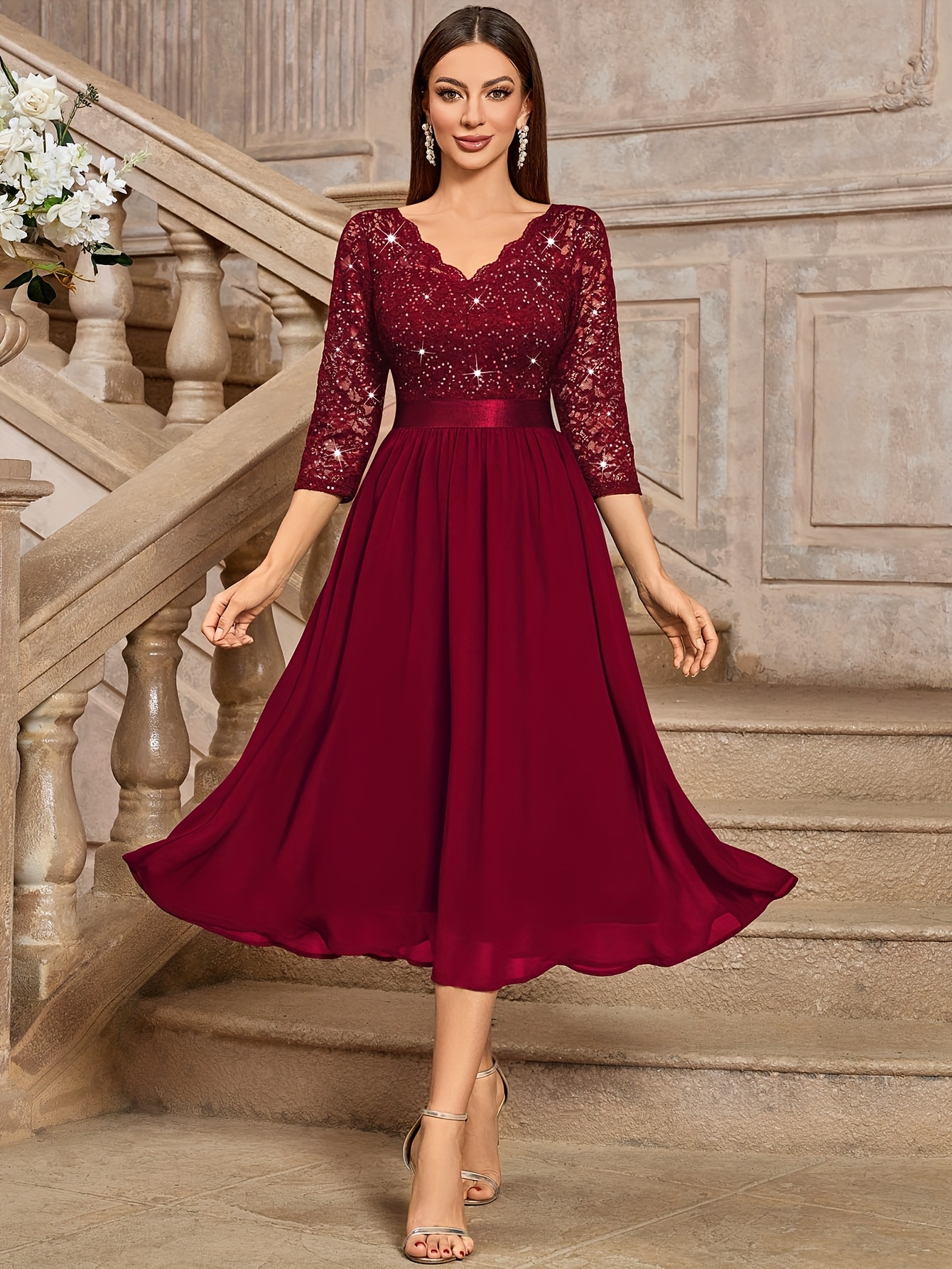 Women's Elegant Sequined Lace V-neck 3/4 Sleeve Lace Contrast Chiffon Party  Midi Dress