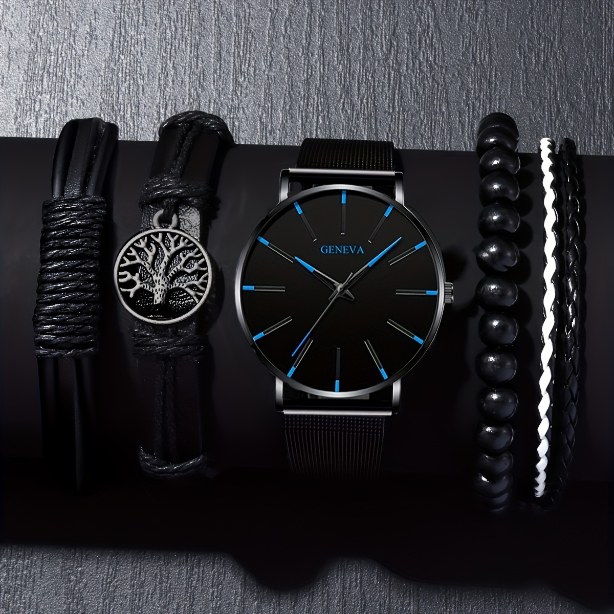 Conjunto de 5 piezas de Reloj de Cuarzo Deportivo para Hombre & Pulsera - Correa de Acero Inoxidable, Caja de Aleación de Zinc, Función de Fecha - Regalo Perfecto para San Valentín, Pascua, Cumpleaños, Festival de Otoño, Temporada de Vacaciones