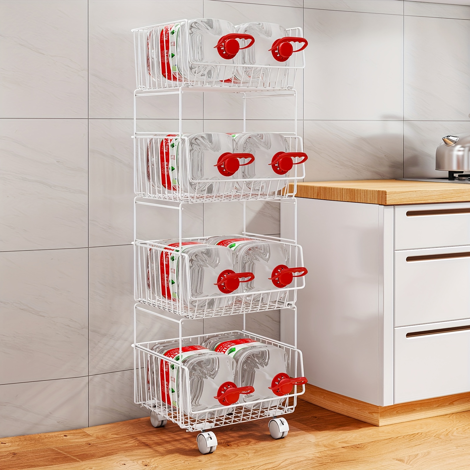 Four-Tier Elevated Stackable Basket Cart for Kitchen Supplies