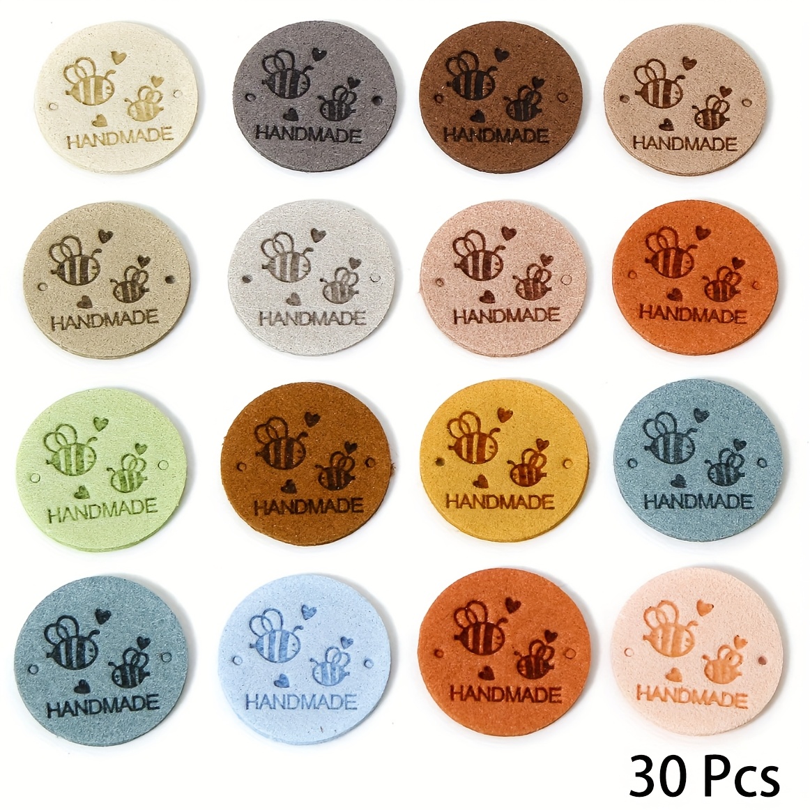 30pcs Mixed Color Round Pu Label With Bee Pattern Handmade Clothing Accessories