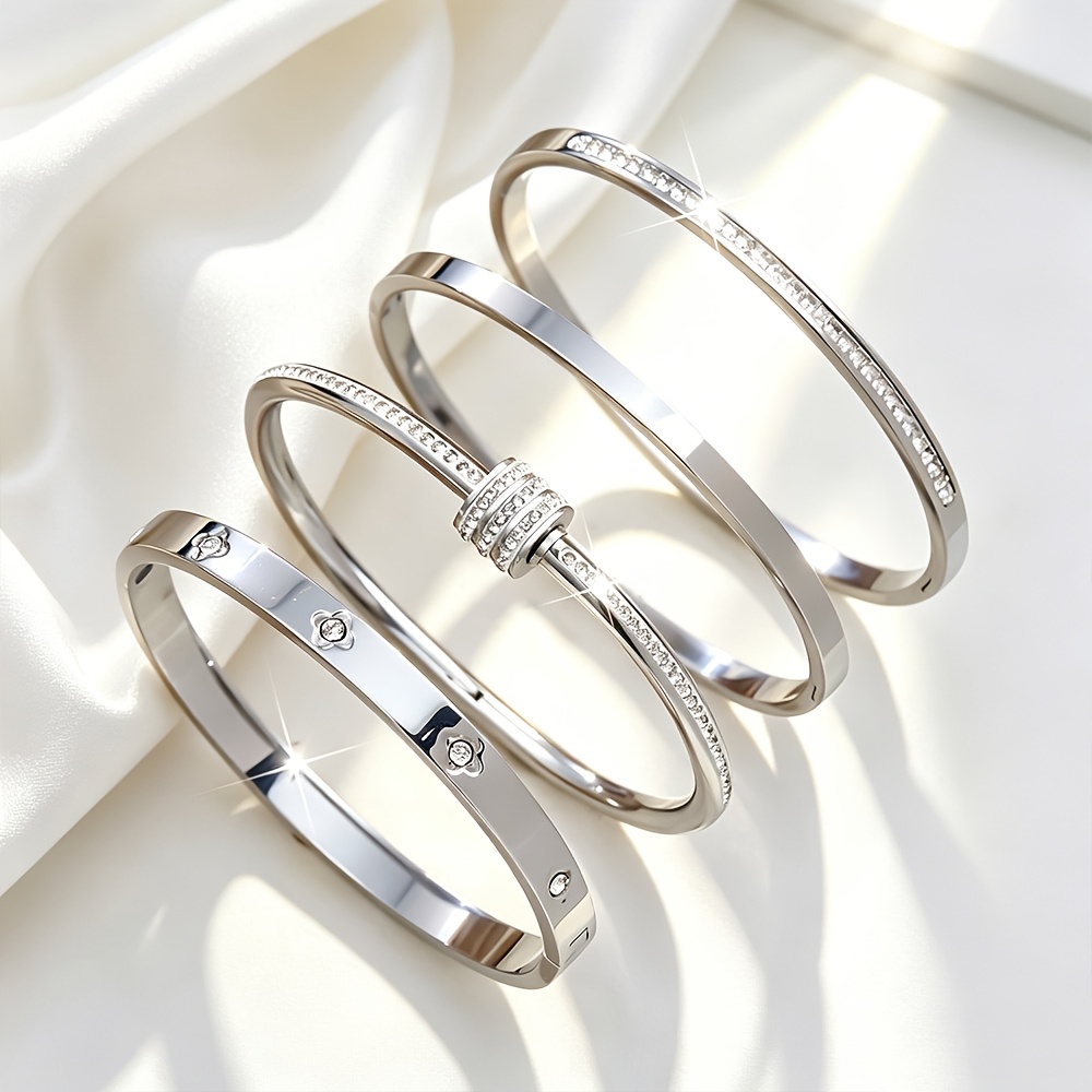 3pcs Random Stainless Steel Bangle Set with Zirconia Inlays