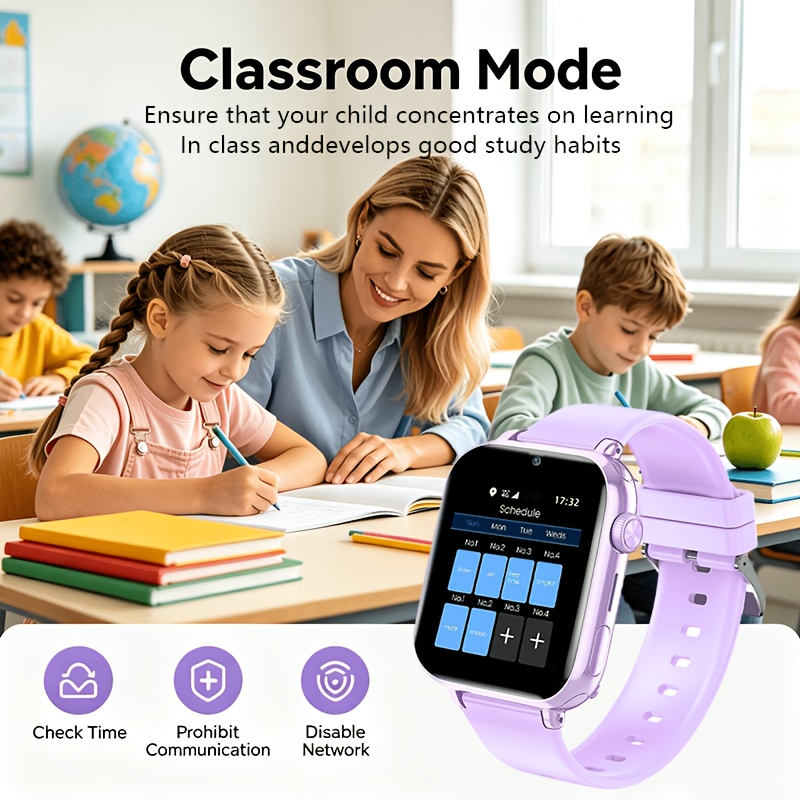 Kinder Smartwatch 4G Smartwatch LTE, GPS-tracker, Videogesprek, SOS-knop, Spraakchat, Schoolmodus, Stappenteller, Wekker, Spelletjes, Roze, Paars, Blauw, Zwart, Cadeau voor Meisjes Jongens