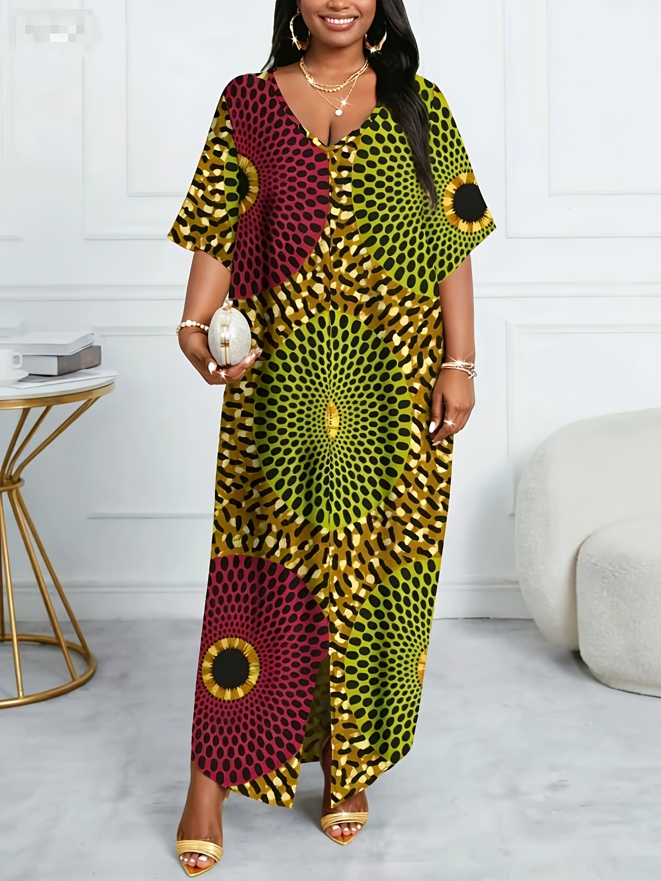 Plus Size, Plus Size African Tribal Print Maxi Dress for Women, V-Neck Half  Sleeve Loose Kaftan with Side Slit
