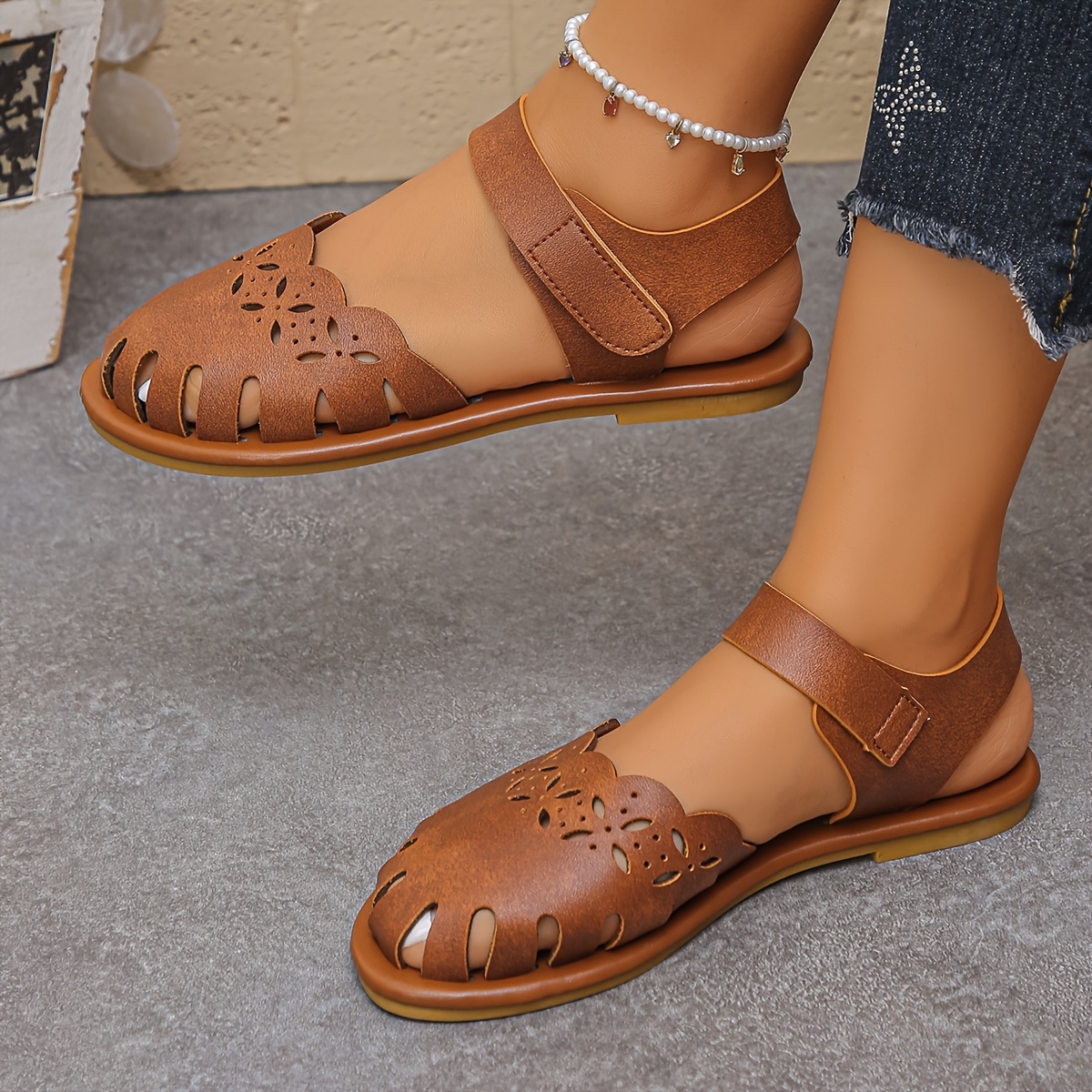 TEMU Bohemian Style Hollow Bag Toe-post Sandals, Ankle Strap Flat Women's Shoes, Beach Casual All-match, Women Shoes