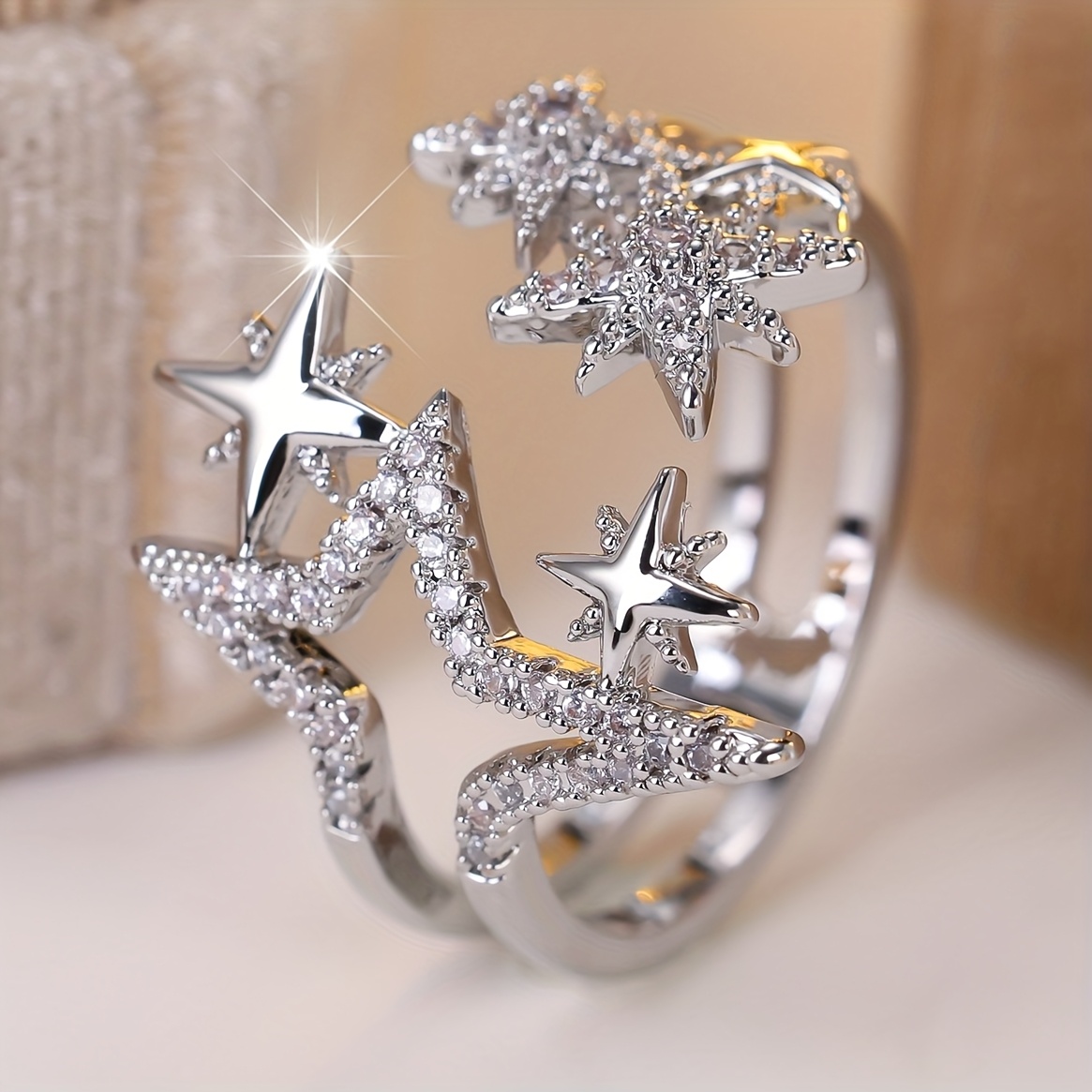 E-shop ANGOL 1 Stück Exquisiter Stern-Design Verstellbarer Offener Ring mit Synthetischem Zirkonia, Ideal für Partys, Hochzeiten den