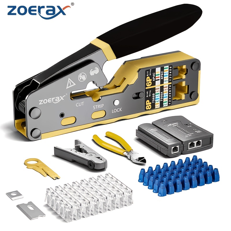 TEMU Kit d'outils M7, RJ45, Pince à sertir, de câble, Coupe-fils, Lame, 50 connecteurs Cat6 + 50 gaines de , Outil portable, Design multifonctionnel,