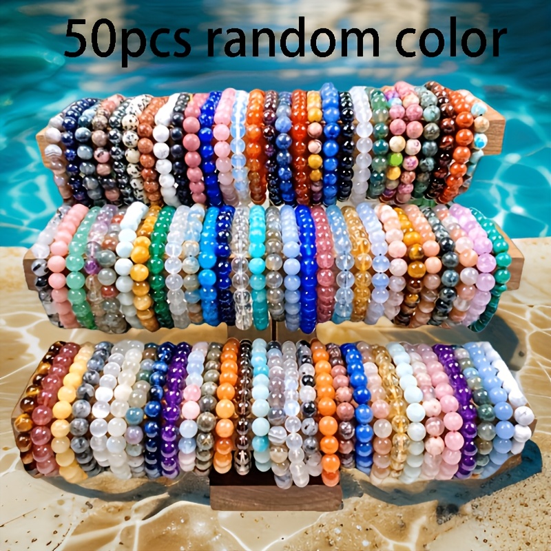 TEMU 50pcs Handcrafted Random Color Stone Beaded Bracelets Casual Smooth 8mm Round Stretch Stack Light Wearable Neutral Fold Basic Visual Delicate