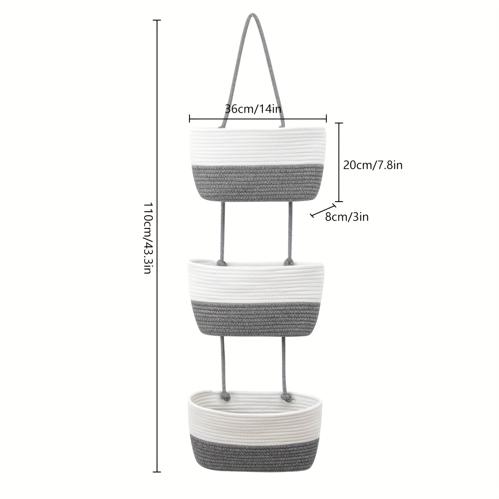 -tiered Hanging Cotton Rope Storage Basket For Organizing Miscellaneous Items Or Bathroom, Featuring A Wall-mounted Design With Hooks In And Dark Gray, Shelf Baskets