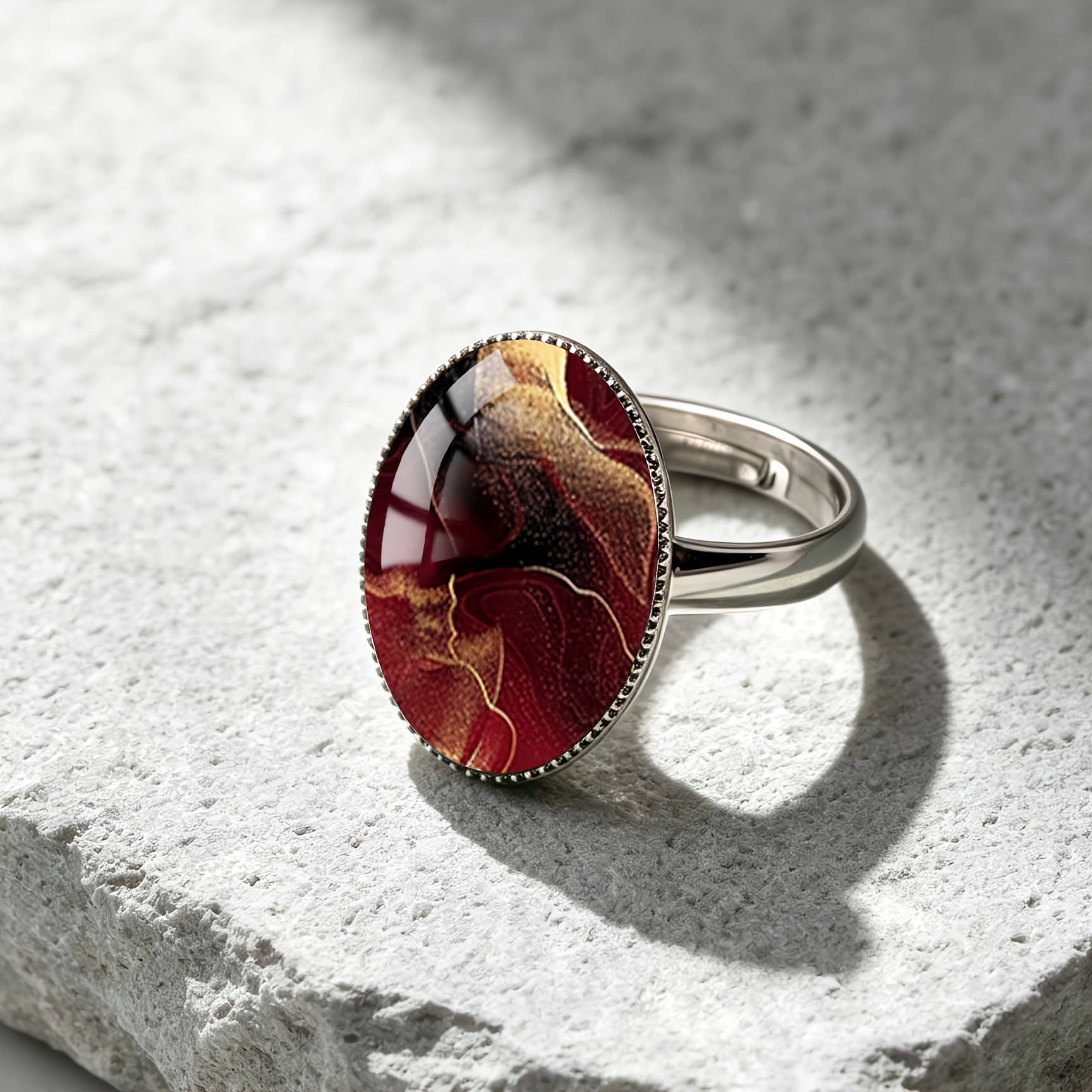 Women's Fluid Pattern Oval Open Ring with Convex Glass