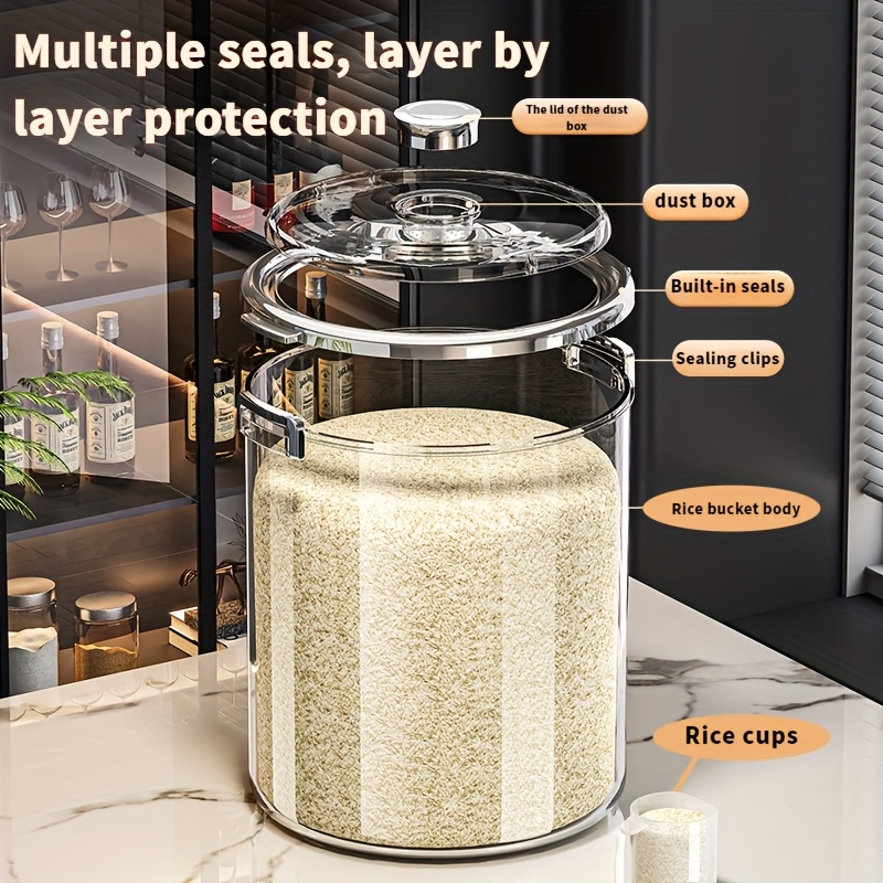 airtight food storage container 3 sizes 15kg 10kg 5kg transparent rice bucket with locking lid moisture proof anti insect for kitchen pantry organization it can   be used as a pet food storage box Product details 8