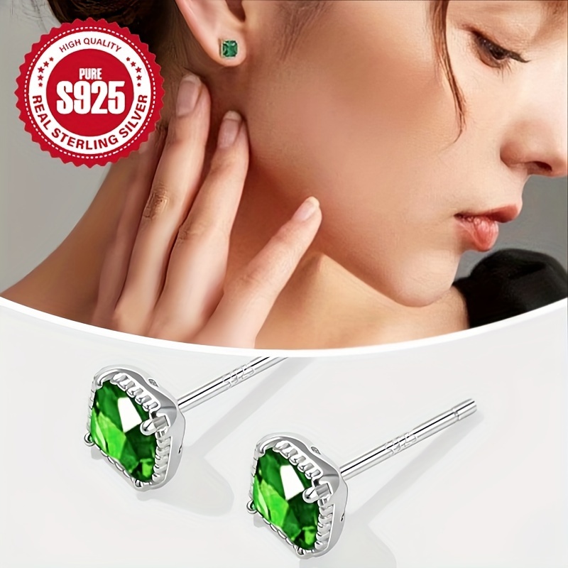 

1 Pair Sterling Silver S925 Women's Green Cubic Zirconia Square Stud Earrings - Vintage & Simple Style, Mother's Day Gift, Hypoallergenic, Weighs 1.4g