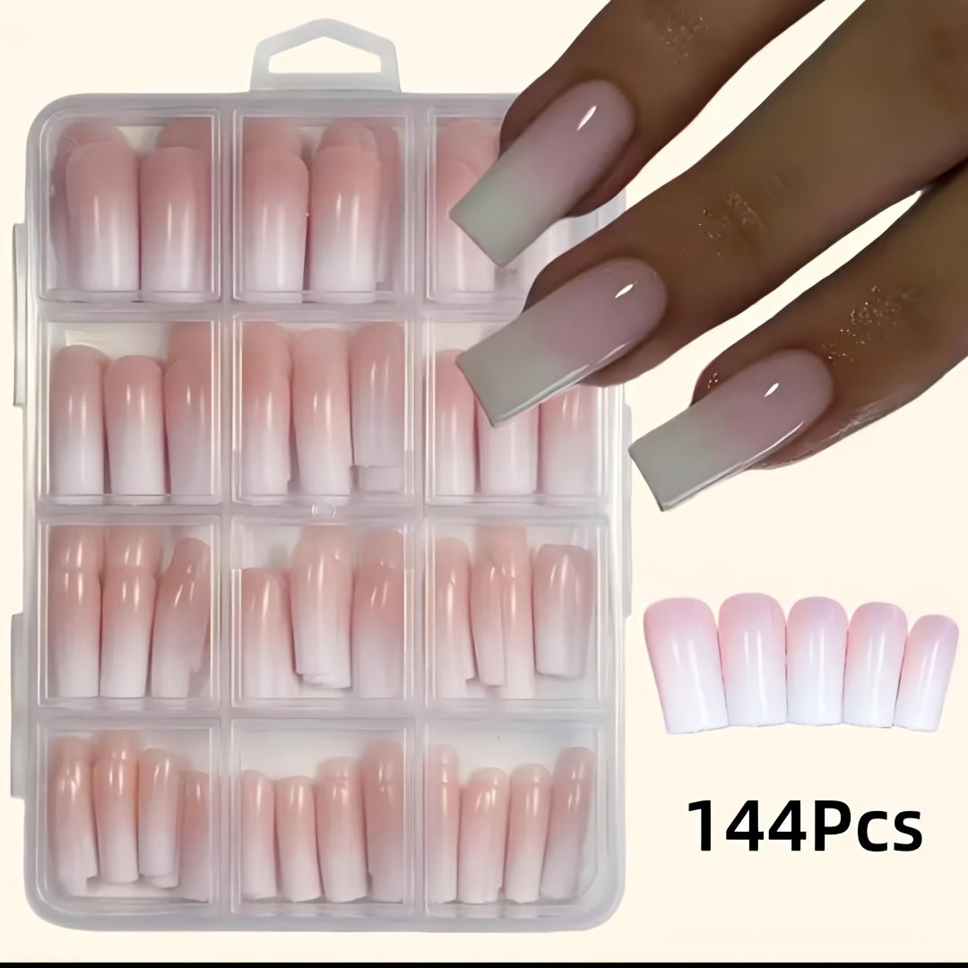 TEMU 146pcs (144pcs Wearable Nail Stickers And 1pc Clear Storage Box And 1 Set Tool Kit) Short Square Nail Patches, White Pink Gradient, 12 Sizes Of