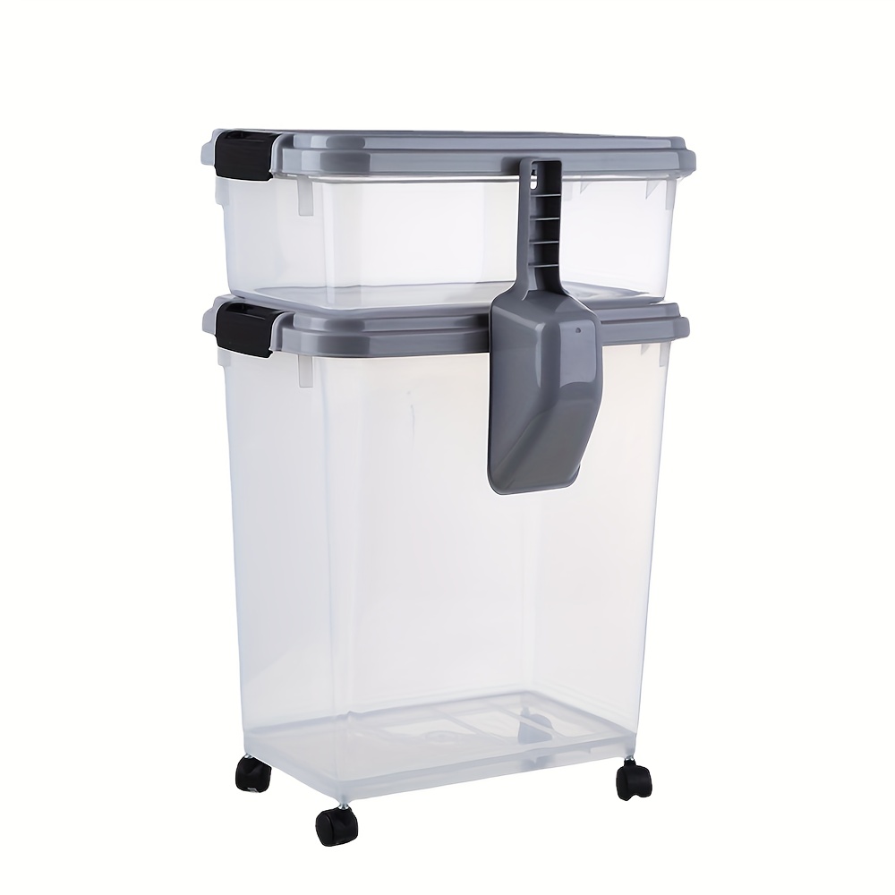 TEMU 30qt + 10qt 3pcs Sealed Dog Food Storage Container Set With Spoon - Durable Plastic, Holds 14-17kg, Easy-move Wheels, Ideal For Snacks And Food,
