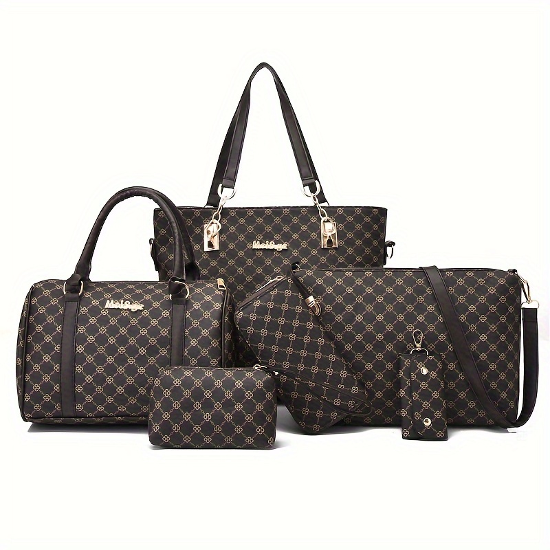 6pcs Women'S Fashionable Geometric Print PU Handbag Set