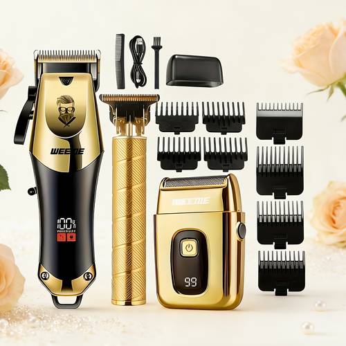 mens grooming kit 1 2 3 4pcs set golden hair clippers usb rechargeable 8 guide combs trimmer and shaver with cleaning brushes and comb perfect valentines day gift for men
