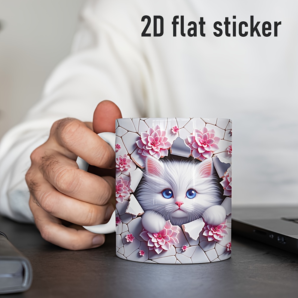 TEMU 1pc/2pcs Cute White Cat Peeking Through Torn Paper With - Uv 11oz Mug And Glass Decorative Transfer Paper, Oil-proof, Suitable For Diy Projects On Flat