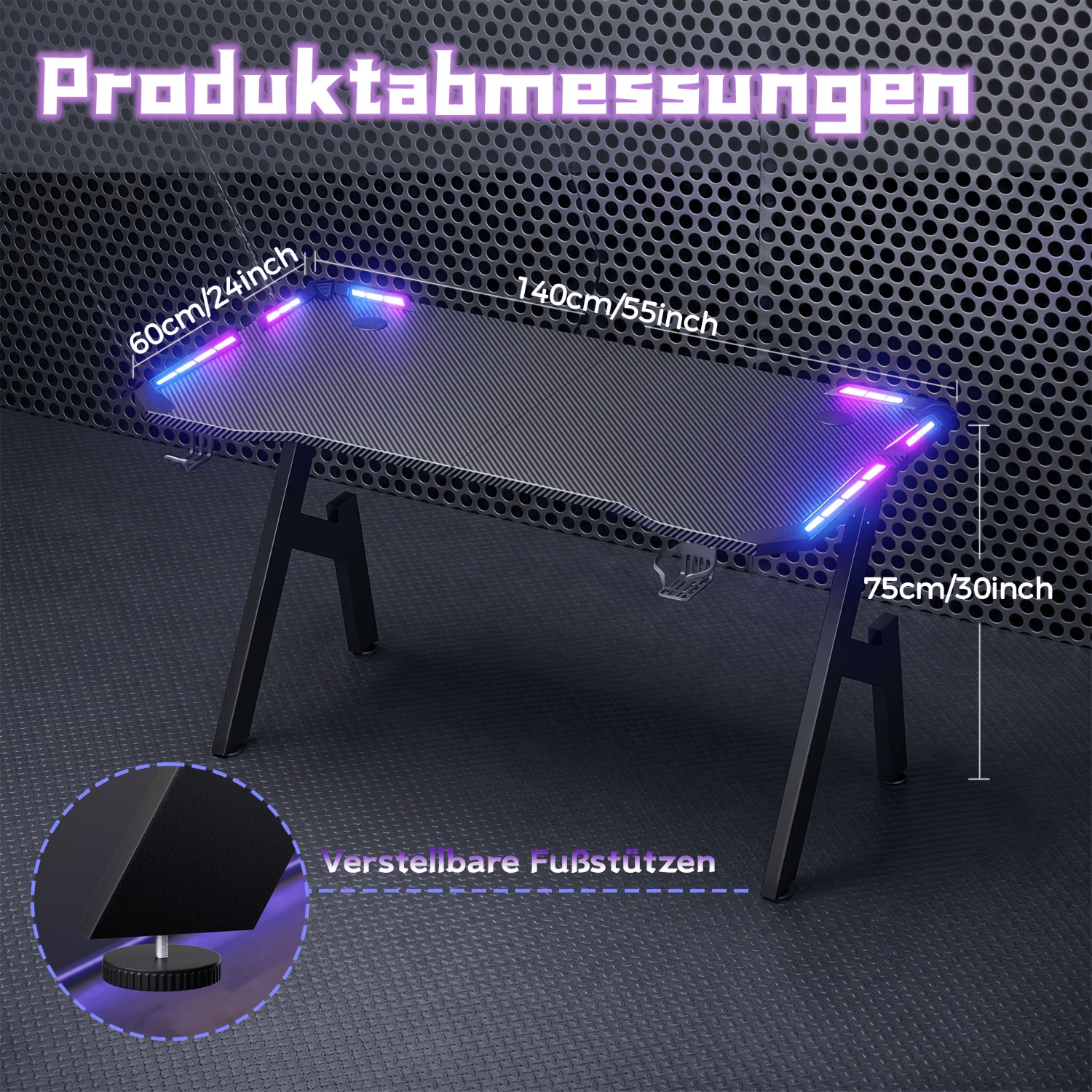 TEMU Bureau de jeu 120/140/160 cm avec LED, de travail de bureau, bureau de jeu pour bureau à domicile avec porte-gobelet et crochet pour casque |