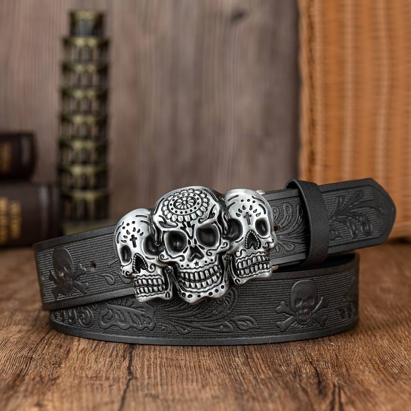 Cintura Uomo In Pelle Con Fibbia Fantasma Decorativa – Lega Regolabile E Tagliabile, Idea Regalo Halloween