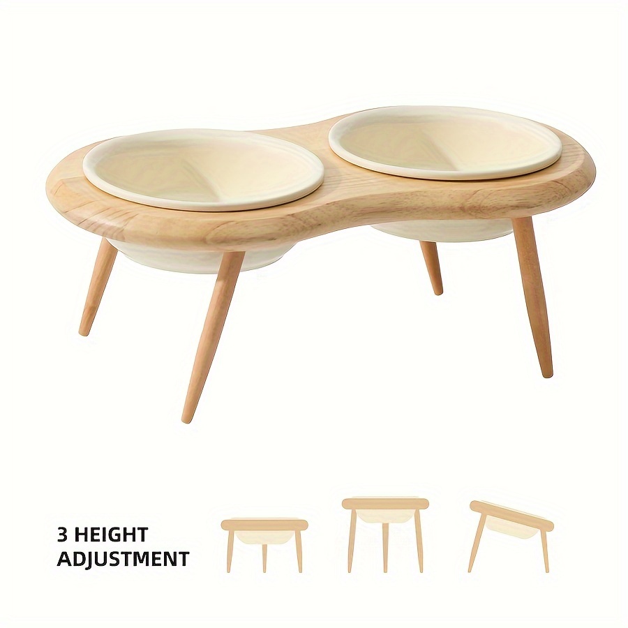 Elevated Ceramic Cat Bowls with Oak Frame &amp; Adjustable Height Legs - Ergonomic Double Dish for Cats, 3-Height Options, Natural Wood Design for Comfortable Feeding, Adjustable Cat Bowls | Ergonomic Pet Bowl | Quality Ceramic Construction