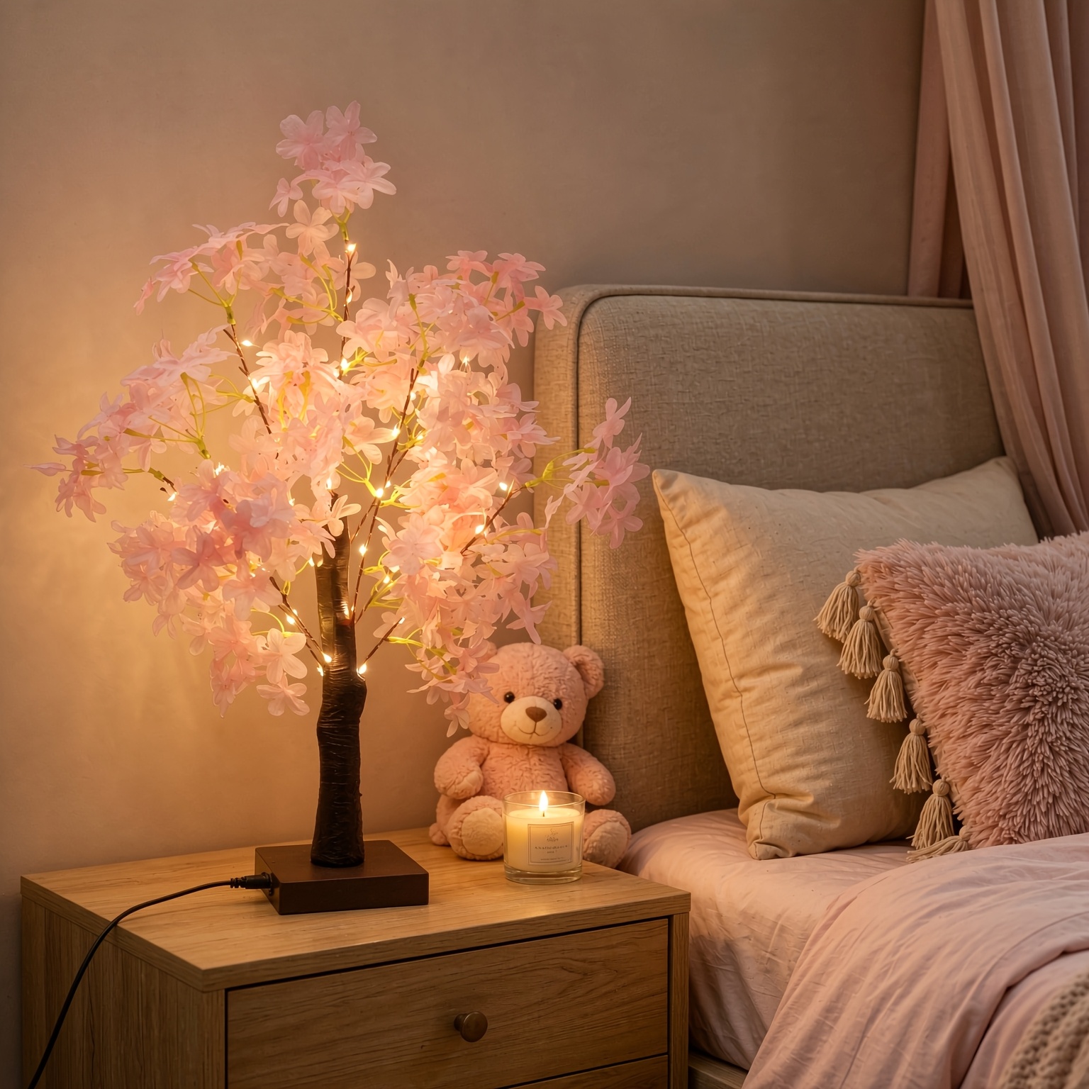 TEMU 1pc Led Light-up Tree Lamp Usb/battery Supply 47.5cm High-fidelity Flower Tree Desktop Ornament Warm White Light Decorative Lamp Bedroom Bedside