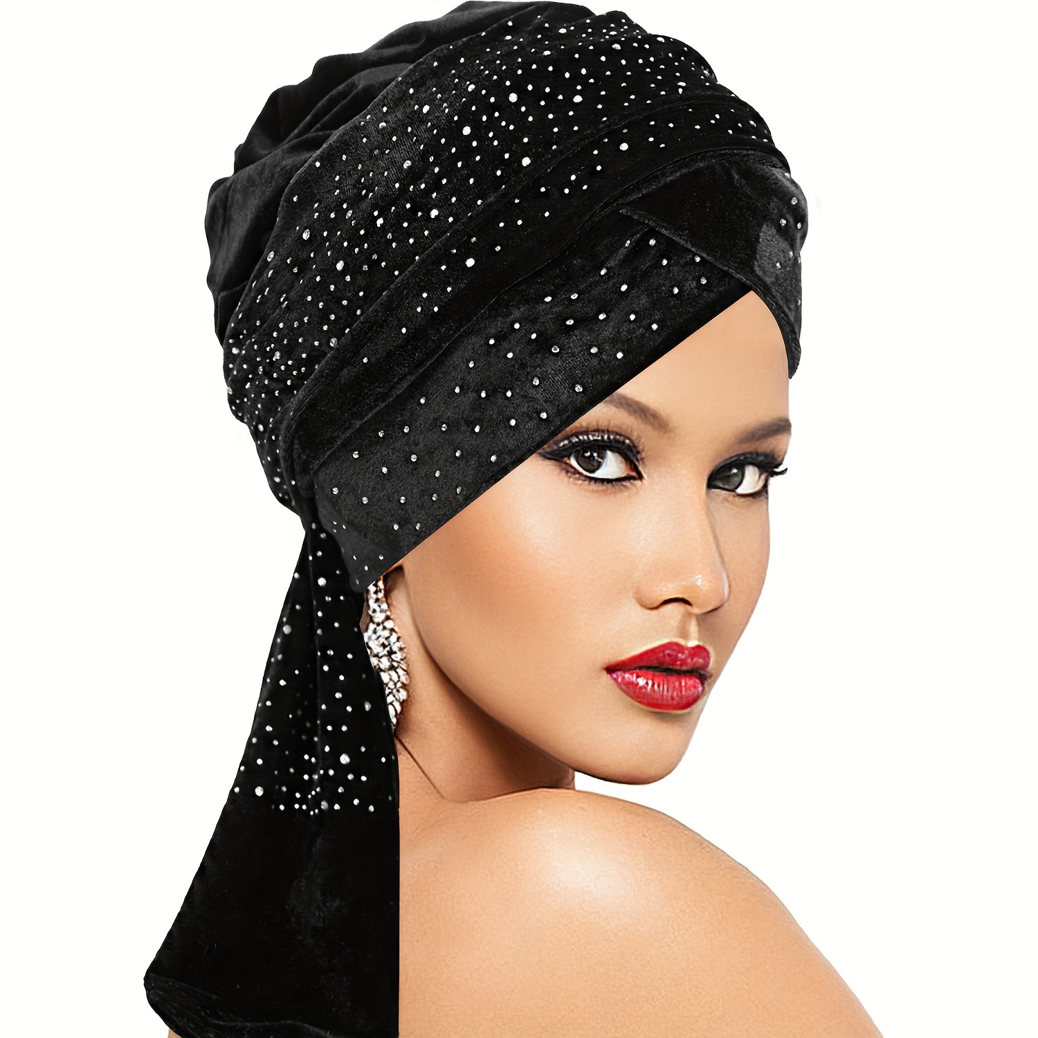 TEMU Awegeo Women's Velvet Turban With Rhinestone Accents, Fashion Headwrap Hat, Options With Tassel, , Machine Washable, New Year & Holidays, Switch Closure, Knit & Embroidery