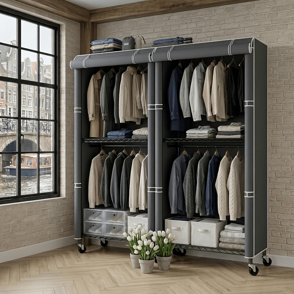 Image of Heavy Duty Portable Closet With Cover, 900lbs Load Removable Garment Rack With Wheels, Split-design Clothing Storage System, Rust-proof Carbon Steel, For Apartment/living Room/hallway