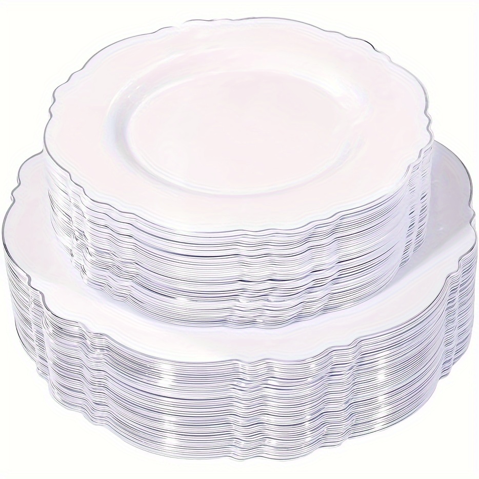 

100pcs Silver Plastic Plates -baroque White &silver Plates For Upscale Parties &wedding-including 50plastic Dinner Plates 10.25inch, 50salad Plates 7.5inch.