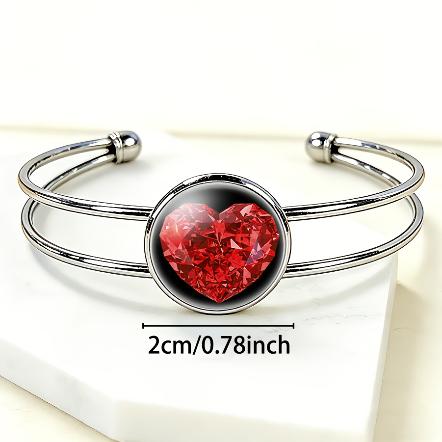 Women's Adjustable Open Bangle with Heart-Shaped Gemstone, Elegant Gift