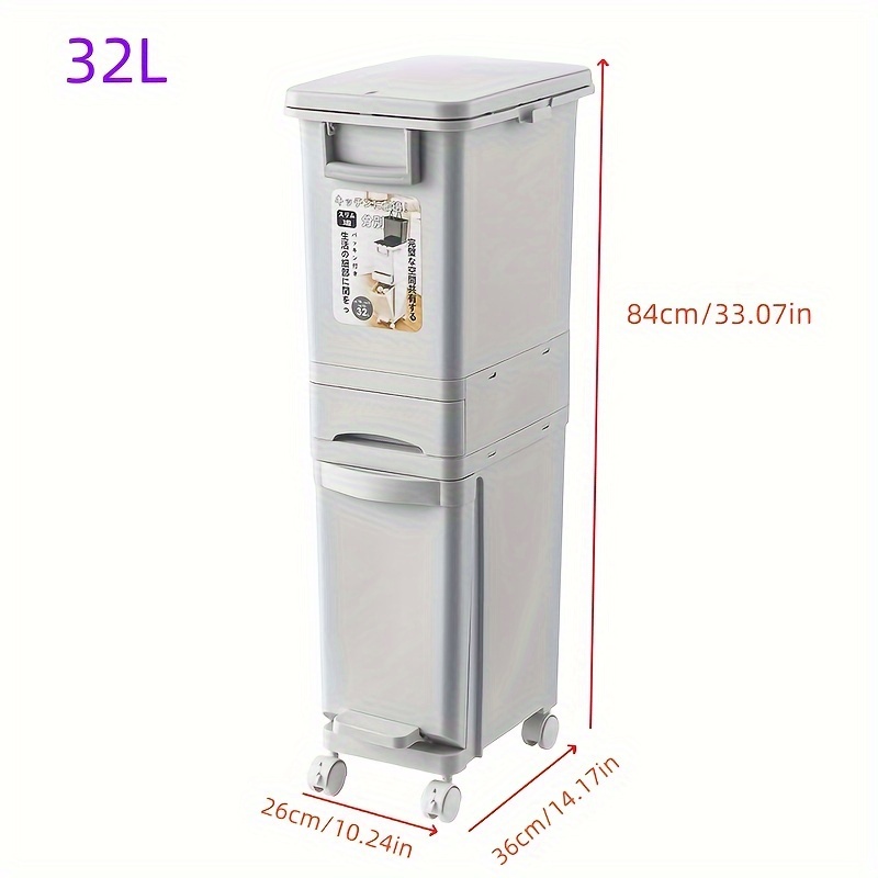 Japanese-inspired Dual-compartment Trash Can With Lid - Slim Fit, Wheels & Handles For , Kitchen Waste , Pedal-operated, Kitchen , Home Use