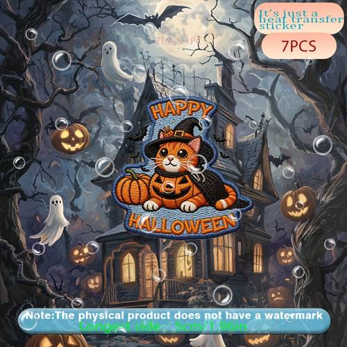 7pcs adorable halloween cat with pumpkin witch hat and cape happy halloween text heat transfer stickers high quality and washable suitable for flat fabrics such hats canvas bags throw pillows leather bed sheets etc