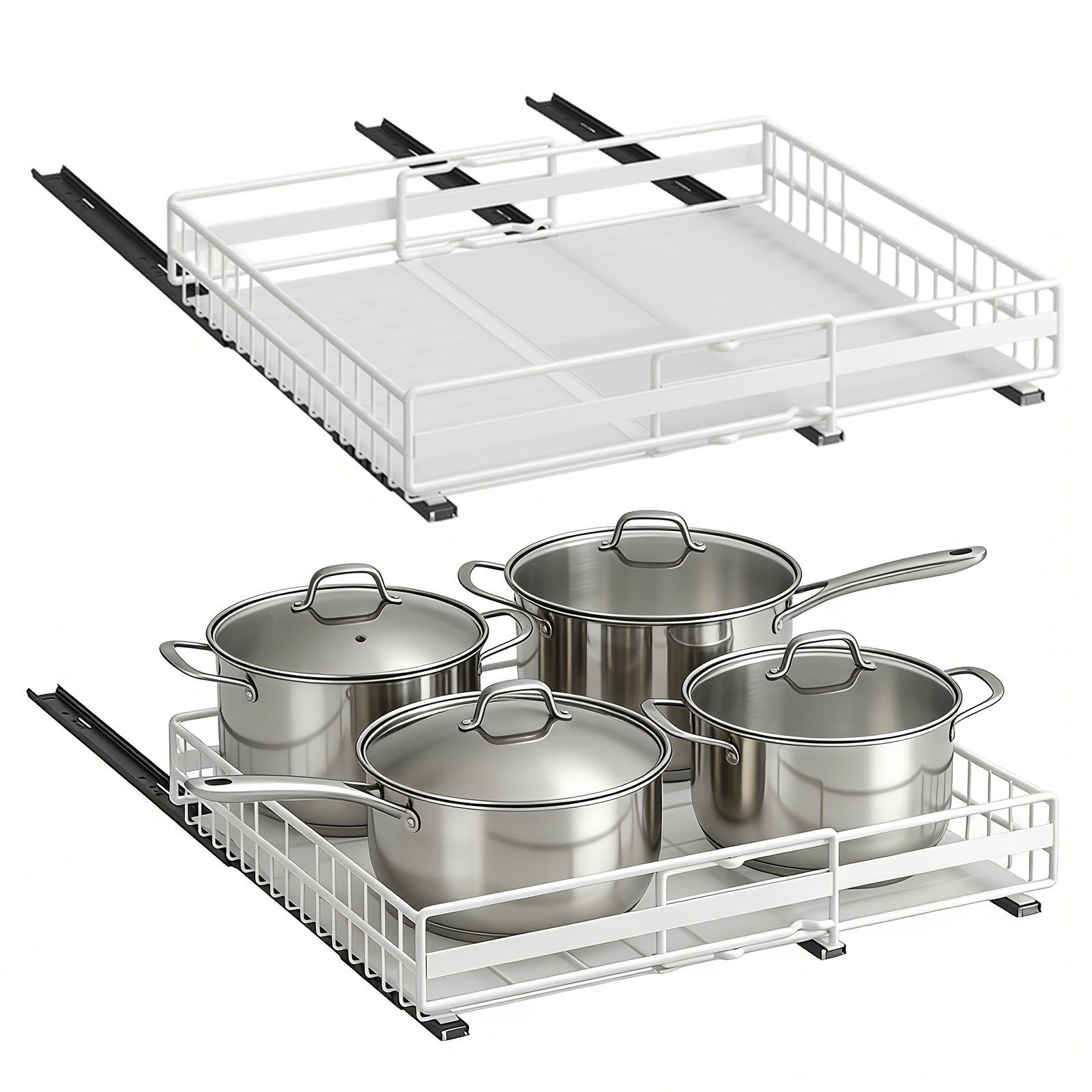 Image of 2 Pack Heavy Duty Expandable Pull Out Drawer Cabinet Organizer | 31-49cm Full Extension, Adjustable Width, Bottom-mounted, No Drill Required, Metal, White For Kitchen, Bathroom