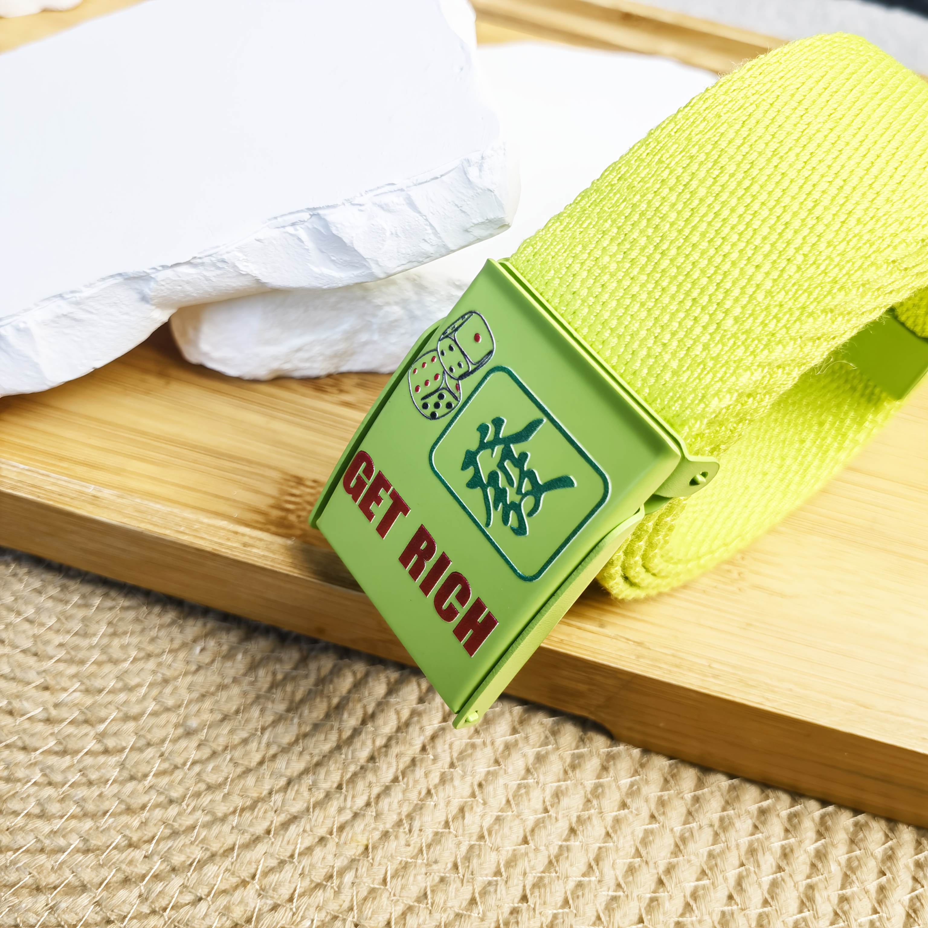Men'S Green Canvas Belt with GET RICH Motif