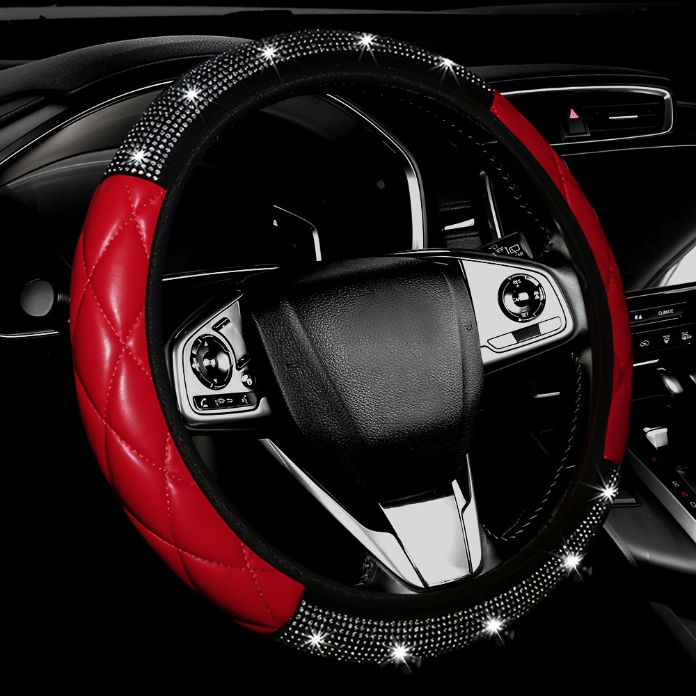 TEMU Fit Diamond-encrusted Steering Wheel Cover Pu Leather Suitable For 14.57-14.96 Inch Hubs, No , Luxury Glossy Grip For Car Dashboard Upgrade,